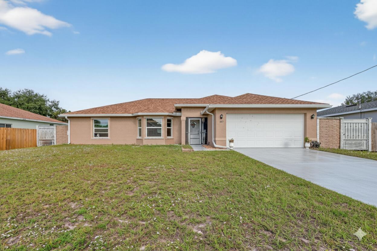 Welcome to this beautifully maintained home offering 3 bedrooms, 2 bathrooms, and 2,006 sq ft of living space. Roof replaced in 2022, giving you immediate peace of mind. Inside, you'll find tile flooring throughout and an impressive 18-foot ceiling that enhances the bright, open living area. A spacious flex room filled with natural light adds incredible versatility, ideal for a home office, den, playroom, gym, or additional living space.  The upgraded kitchen features granite countertops, modern cabinetry, and stainless steel appliances. The primary suite offers a comfortable retreat with a walk-in closet, dual vanities, and a walk-in glass shower. A convenient walk-in laundry room with washer and dryer included adds everyday practicality. This home also includes impact windows installed in 2021, a solid concrete privacy fence completed in 2021, and a 2016 A/C system. The fully fenced yard provides privacy and space to enjoy the outdoors, plus a storage shed for added convenience. Located in a quiet Port St. Lucie neighborhood close to boat ramps, parks, shopping, restaurants, and major roadways, this home offers the perfect combination of comfort, flexibility, and location.  Schedule your showing today and see everything this home has to offer.