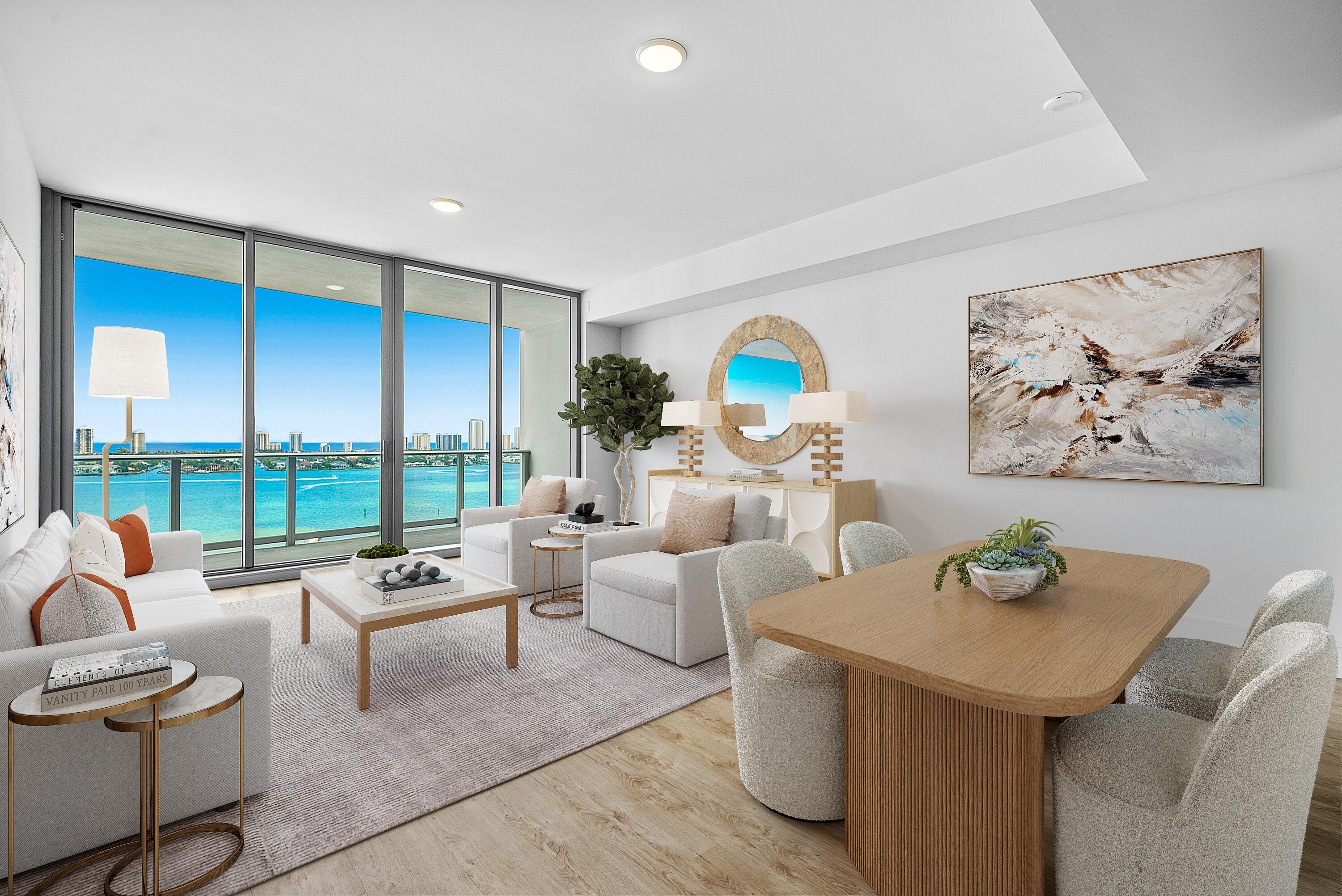 Resort-style waterfront living meets private club convenience at Nautilus 220, featuring private elevator entry, on-site dining, concierge services, guest suites, and exclusive beach club access on Singer Island. This 3-bedroom + den residence offers panoramic Intracoastal, marina, and Atlantic Ocean views from expansive floor-to-ceiling glass and a bright, modern open layout.  Thoughtfully curated with interior design by Interiors by Steven G, the home blends contemporary sophistication with effortless coastal living. As a new construction luxury condo, it offers the ease of move-in-ready living with no renovations or deferred maintenance.  The primary suite captures stunning water views and features a spa-inspired bathroom with dual vanities, a freestanding soaking tub, glass-enclosed shower, and private water closet. Two spacious guest bedrooms each include en-suite bathrooms, while the flexible den is ideal for a home office, media room, or additional guest space.  Interior highlights include 10-foot ceilings, floor-to-ceiling hurricane impact glass, and a sleek European-style kitchen with quartz waterfall countertops, custom cabinetry, and premium Miele appliances. Smart home-ready infrastructure, ultra-high-speed connectivity, and a UVC air disinfection lighting system by Blue Halo enhance comfort, convenience, and wellness. 2 deeded parking spaces.  Nautilus 220 delivers a true resort-style amenity experience with a waterfront pool deck featuring beach entry, cabanas, spa, and poolside towel service, along with a rooftop lap pool and panoramic lounge areas. The state-of-the-art fitness center offers weekly Pilates and yoga classes, complemented by sauna, steam, and wellness rooms. Residents also enjoy a theater, golf simulator, bowling lounge, club room, lobby café, on-site concierge services, resident guest suites, and a dedicated indoor dog spa, along with multiple social and work spaces. Outdoor amenities include a yoga deck, putting green, dog park, BBQ areas, and beautifully landscaped waterfront green spaces with outdoor lounging and dining areas.  A standout feature is the on-site waterfront restaurant, SeaHawk Prime by Chef David Burke, offering elevated dining just steps from your residence.  Ideally located, this luxury waterfront condo in Lake Park is just minutes to the beach, a short drive to Downtown West Palm Beach, and close to Palm Beach International Airport. The surrounding waterfront area continues to see significant development and investment, further enhancing long-term value and connectivity.