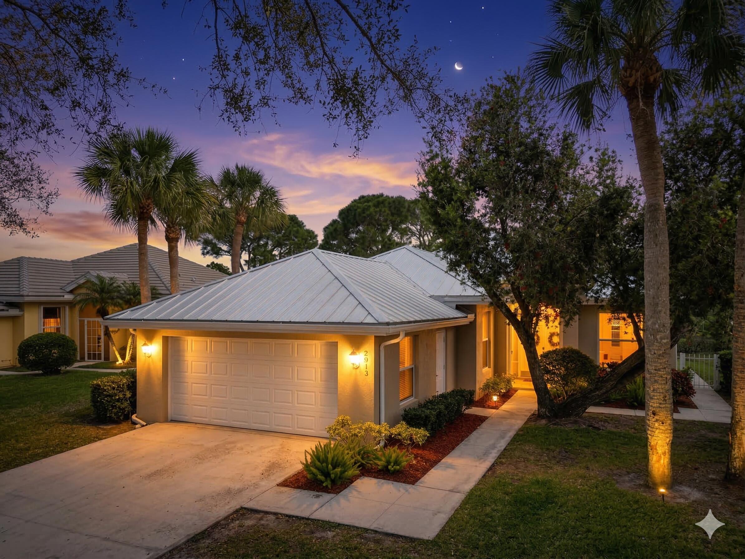 Welcome to this solid DiVosta "Hampton" model in the 24/7 guard-gated Meadows at Martin Downs! This true single-family detached home offers 3 beds, 2 baths, a 2-car garage, and 1,952 SFAC. Enjoy peace of mind with poured-concrete construction and a 2017 metal roof. The bright interior features soaring volume ceilings, skylights, and a desirable split-floor plan. A beautifully updated kitchen flows into the breakfast area and a large formal dining room. The primary suite is a private retreat tucked at the rear. Step outside to an expansive open patio. The Meadows offers resort-style amenities: a heated pool, tennis, basketball, and a playground. Zoned for Palm City schools! Note: Some photos are virtually staged/renovated for illustrative purposes; please verify all finishes in person.  Some photos in this listing have been digitally enhanced, virtually staged, or virtually renovated using AI technology. These images are intended to provide a visual representation of the property's potential and may not reflect the actual current condition or included fixtures. Seller and Listing Agent make no representations as to the accuracy of these enhancements.