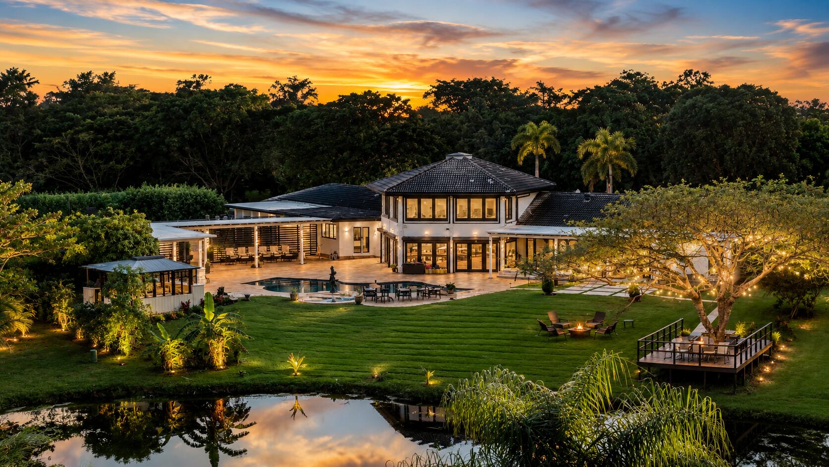 Exclusive private estate on an impressive 1.7 Acre lot in a prime location. This 6-bedroom, 5 bath residence sits up on a hill tucked away on a private cul-de-sac in the prestigious Running Brook Hills of Coral Springs. The spectacular property features its own tennis court, a remodeled pool with travertine deck overlooking a massive lake. The modern open kitchen features a massive 20ft island and integrated fridge and freezer, with hidden butler room/pantry. The oversized primary suite offers a separate soaking tub, walkthrough shower and a huge walk-in closet. Additional highlights include a dramatic circular great room with soaring 26-foot ceilings, a lofted library, skylights providing abundant natural light, and a large formal dining room. No HOA.