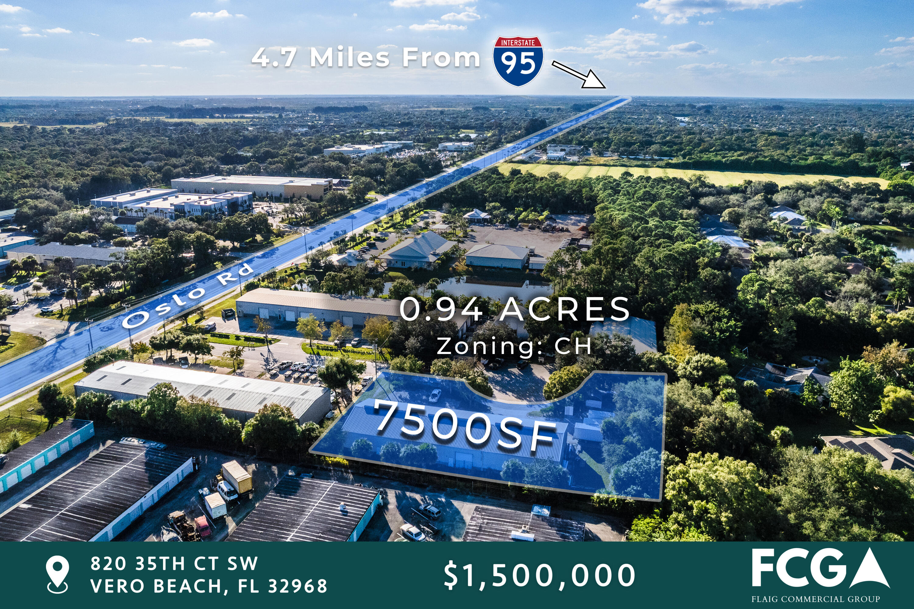 A rare flex opportunity off Oslo Road in Indian River County. This 7,500-square-foot industrial flex building sits on one acre zoned Commercial Heavy (CH), offering one of the most versatile use profiles in the county. The property is fully leased with 2 years remaining, delivering immediate income and providing a clear path for repositioning as either a multi-tenant investment or a future owner-user facility.

The building is already configured for three independent bays, each with its own electric meter and restroom. This allows investors to increase NOI through market rent adjustments and multi-tenant lease-up, while giving owner-users the ability to occupy one or more units and offset overhead with rental income from the remaining suites.