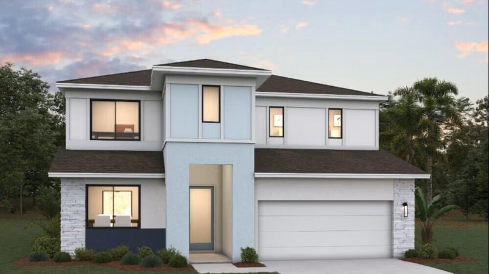 The Modena is a beautifully designed new construction two-story single-family home that offers a seamless blend of open-concept living, flexible spaces, and private retreats. The first floor features an inviting open layout where the kitchen, casual dining area, and main living space flow together effortlessly, creating an ideal setting for both everyday living and entertaining. A flexible room adds versatility for use as a home office, playroom, or additional sitting area. A private guest bedroom with a nearby full bathroom provides comfort and convenience for visitors or multigenerational living. Extending the living space outdoors, a long covered lanai spans the rear of the home, offering an ideal spot for outdoor dining and relaxation. Upstairs, the second floor includes a spacious loft that serves as a secondary living area or media space. Two additional guest bedrooms provide ample room for family or guests. The primary suite is a private retreat featuring a generous walk-in closet and a well-appointed bathroom with a double sink vanity. For added convenience, the laundry room is located on the same floor as the primary suite and secondary bedrooms, making everyday routines easier and more efficient.