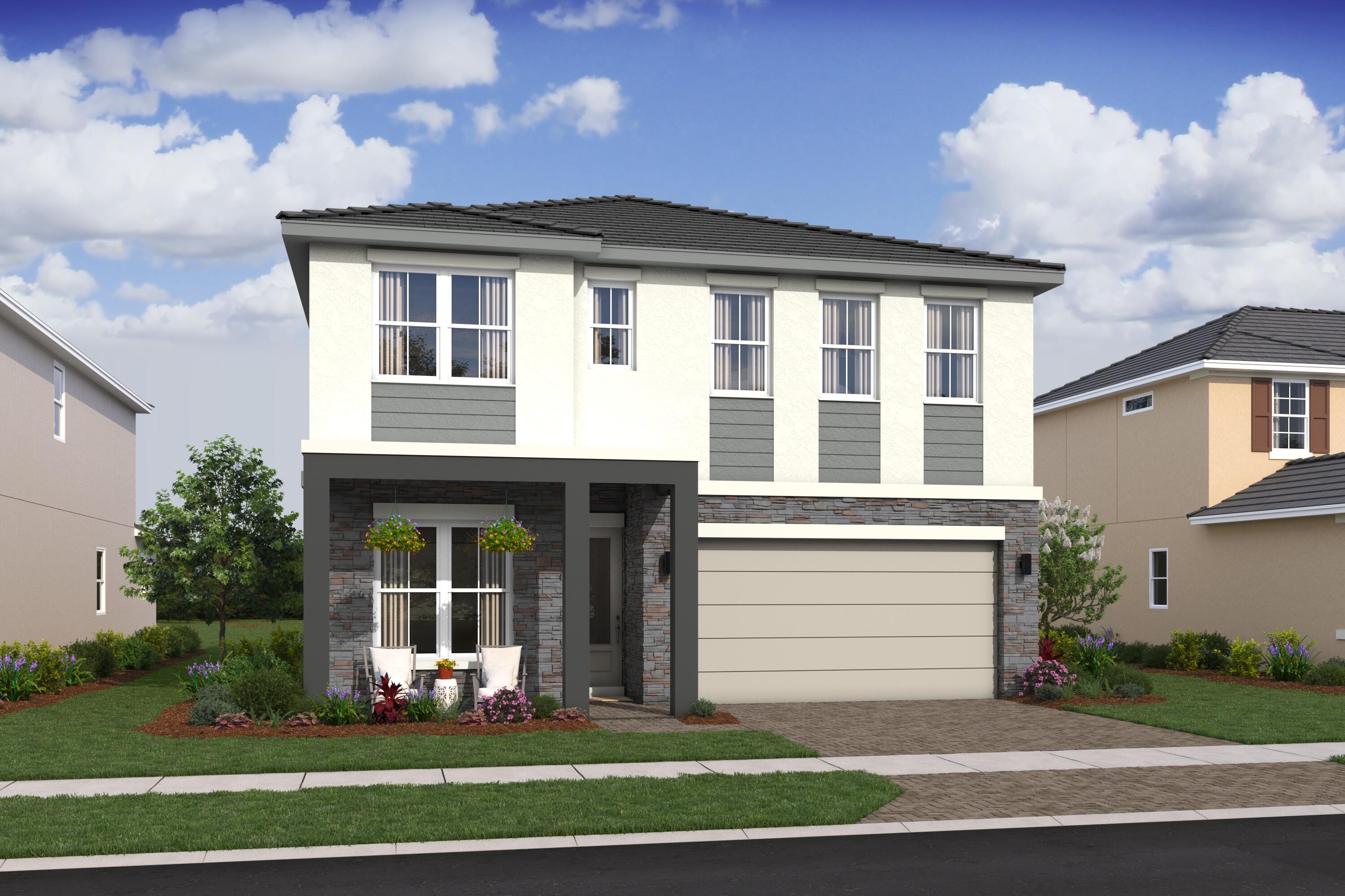 The Positano III is a beautifully designed two-story home offering 4 bedrooms, 3 bathrooms, and 2,796 square feet of thoughtfully planned living space, blending modern Loft-inspired style with everyday functionality. Situated on a quiet cul-de-sac, this home offers both privacy and convenience in a highly desirable location. A welcoming foyer opens to a sunlit great room, where a dramatic 12-foot sliding glass door fills the space with natural light and seamlessly connects indoor and outdoor living. The chef-inspired kitchen is a true centerpiece, featuring an expansive island, Indigo Blue cabinetry, decorative floating shelves, a sizable pantry, and effortless flow into the spacious dining area—perfect for both entertaining and daily living. The dining space also provides access to a covered patio with peaceful backyard views. Upstairs, a versatile loft creates additional living space for relaxing or gathering, while a conveniently located laundry room enhances everyday ease. Bedroom 4 includes its own private three-piece bath, making it ideal for guests or multigenerational living. The elegant primary suite showcases a polished ceiling treatment, a large walk-in closet, and a spa-like bath complete with dual sinks and a freestanding soaking tub for a luxurious retreat. A productive home office offers the perfect environment for remote work, providing privacy and flexibility when you need it most. With its modern aesthetic, flexible layout, and access to resort-style amenities just steps from your front door, this home is ideally located only 11 miles from downtown West Palm Beach and 15 miles from the Atlantic Ocean—delivering the best of South Florida living.