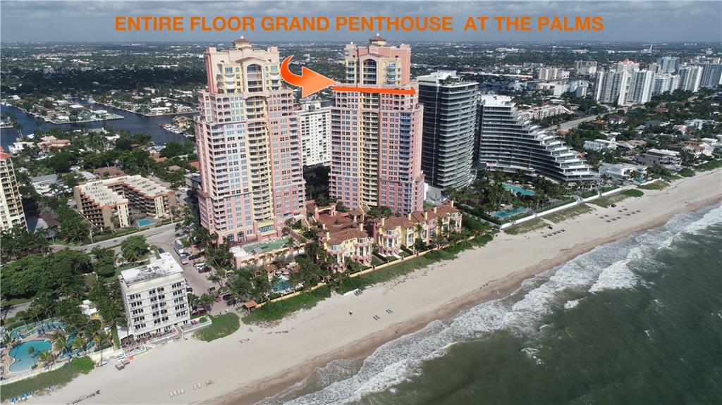 "SUNRISE TO SUNSET" ENTIRE FLOOR GRAND PENTHOUSE IN THE PALMS! NO NEXT DOOR NEIGHBORS! STUNNING 360 DEGREE VIEWS OF OCEAN, INTRACOASTAL WATERWAY AND DOWNTOWN FORT LAUDERDALE! BEST VIEWS IN FORT LAUDERDALE!  PRIVATE ELEVATOR!  TOTALLY RENOVATED CUSTOM STEVEN G DESIGNER INTERIOR! 4 BEDROOMS 3 BATHS & 2 HALF BATHS BUT CAN EASILY BE CONVERTED BACK TO 5 BEDROOMS 4.5 BATHS! 2 MASTER SUITES! 4,738SF UNDER AIR! 2852 SQUARE FEET OF BALCONY THAT WRAPS AROUND THE ENTIRE APARTMENT! YOU CAN RUN LAPS AROUND THE UNIT!  7,590 SQUARE FEET TOTAL!  CAR COLLECTORS WILL LOVE THE 3 CAR GARAGE!  FULL SERVICE BUILDING OFFERS 5 STAR AMENITIES; 24 HOUR VALET & SECURITY, TENNIS, RAQUET BALL & STATE OF THE ART GYM, BEACHSIDE CHAIR & TOWEL SERVICE & MORE.COME TOUR THIS INCREDIBLY TURN KEY FURNISHED UNIQUE OPPORTUNITY!