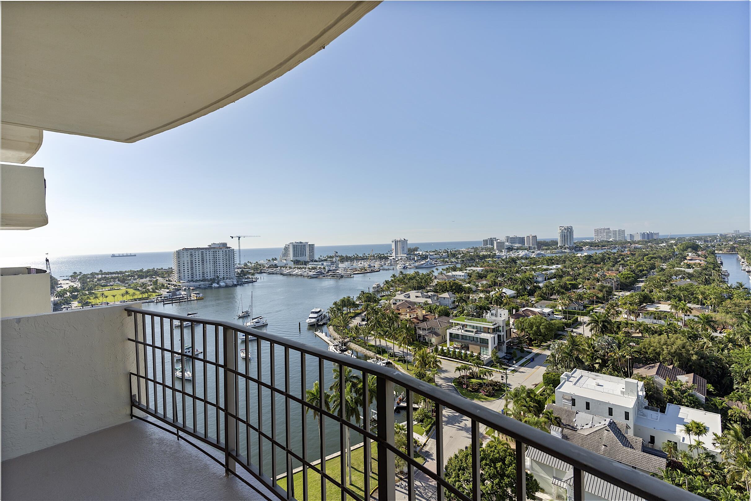 South-facing Intracoastal views from the 17th floor at Marine Tower on Las Olas. This 2-bedroom, 2-bath condo offers 1,230 sqft, impact windows, and a spacious living room that opens directly to a private balcony overlooking the water. Kitchen features timeless Italian marble countertops, stainless steel appliances, soft-close cabinets, and a lazy Susan. Primary suite includes large windows with Intracoastal views, a walk-in closet, and ensuite bath. Secondary bedroom offers large built-ins. Additional features include an in-unit washer/dryer combo, Nest thermostat, updated plumbing in the hall bath, covered parking, and access to a heated community pool. Located on iconic Las Olas, just minutes to the beach, dining, shopping, and the best of Fort Lauderdale.