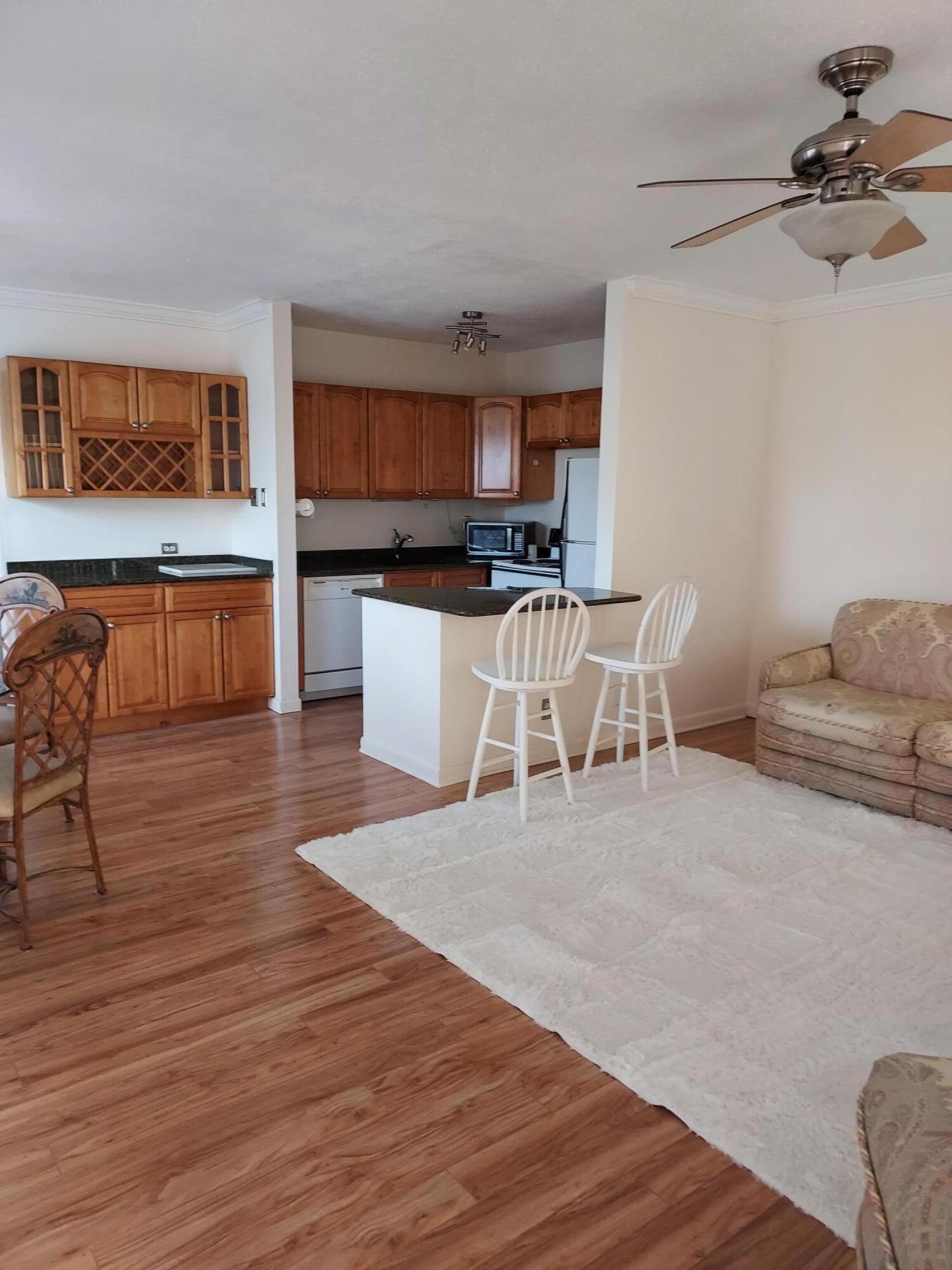 PET FRIENDLY!    light filled corner unit - fully renovated with updated island kitchen, granite counertop and breakfast bar. Large bedroom with en suite bathroom  and two walk in closets.     Balcony overlooks peaceful green space.  Furniture will be removed at buyers request.  Situated in a well-established condo community, this property presents an excellent opportunity for those seeking convenient urban living with low-maintenance appeal. This is a wonderful choice for anyone looking to invest in West Palm Beach real estate.