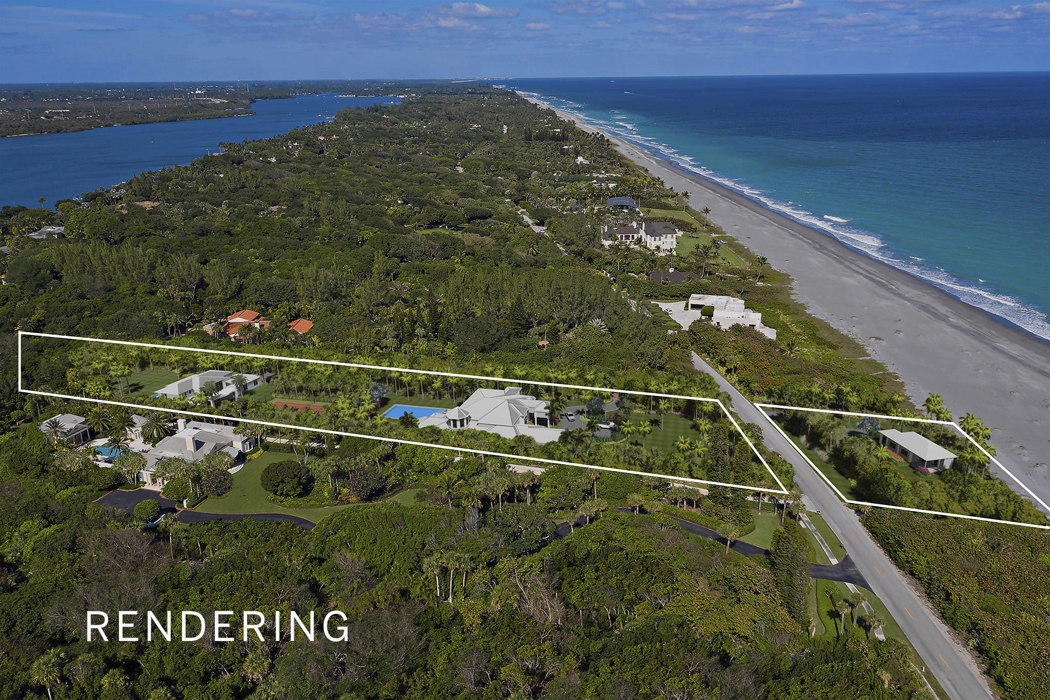 A BRAND NEW LOOK!  THIS 3.4 ACRE LOT, WITH 172 FT OF DIRECT OCEAN FRONTAGE, HAS  RECENTLY BEEN RE-SURVEYED.  THE COASTAL CONSTRUCTION LINE NOW ALLOWS FOR CONSTRUCTION OF A BEACH HOUSE ON THE OCEAN SIDE OF THE ROAD.  BUILD YOUR CUSTOM HOME ESTATE ON 2+ WOODED ACRES ON THE WEST SIDE OF BEACH RD AND ENJOY SPECTACULAR VIEWS OF THE OCEAN TO THE EAST AND INTRACOASTAL TO THE WEST.
THE ABOVE PHOTO/RENDERING ILLUSTRATES THE SIZE OF THE PROPERTY WITH A 10,000 SF HOME, GUEST HOUSE,POOL, TENNIS COURT, AND BEACH HOUSE.