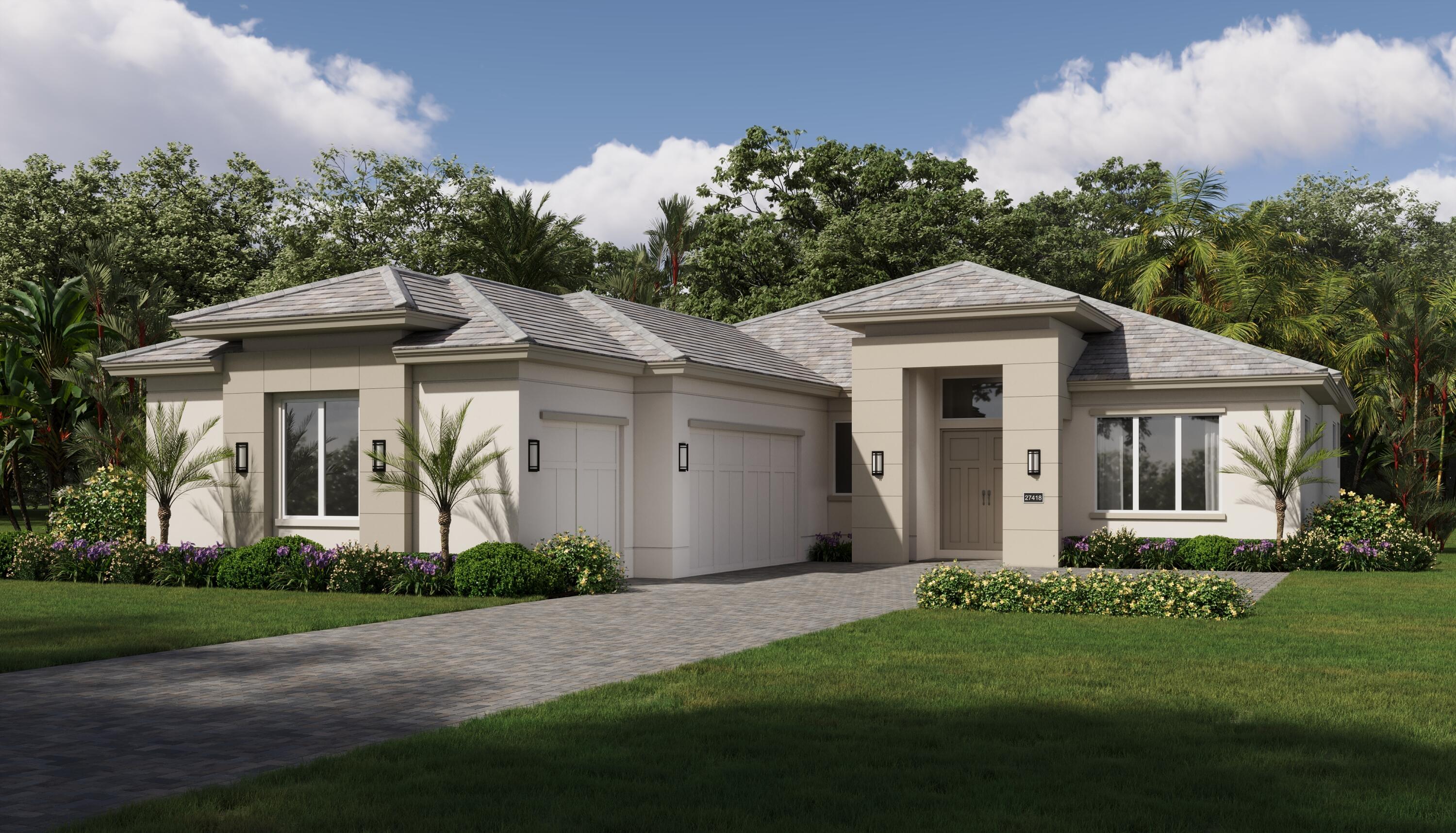 The home is under construction, scheduled completion Nov/Dec 2026. The Bridgewater includes 3 bedrooms, 3.5 baths, and a den. The gourmet kitchen has two-tone stacked cabinets with soft-close drawers, a walk-in pantry with custom shelving, and Café appliances, including a 36" gas cooktop with a cabinet-faced vented hood. Waterfall-edge center island. Coffered ceiling, bar and beverage refrigerator, electric fireplace. The main bathroom boasts quartz countertops, LED lighted mirrors, and a spacious walk-in closet. A screened pool and patio area complete with a water feature and a sun shelf.