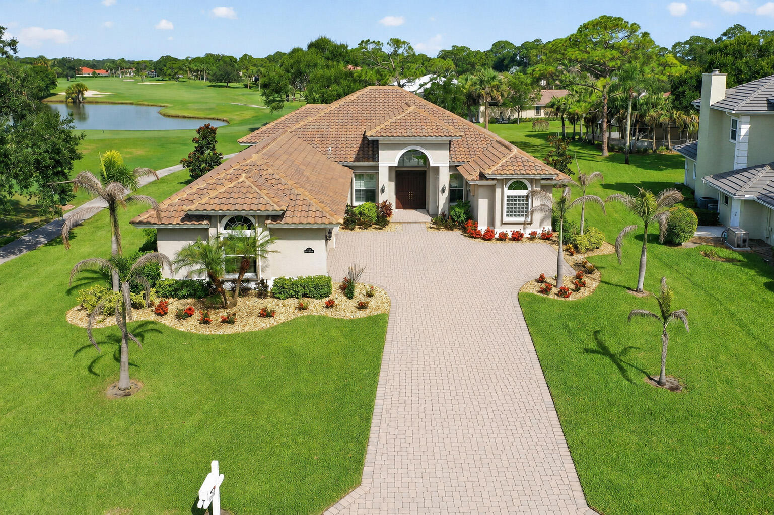 Stunning beautifully designed 4/2.5/3 pool home located on the golf course. The entry leads into the formal dining room and living room which overlook the pool and golf course with spectacular views. The heart of this home is the expansive family room and kitchen. There is an abundance  of custom soft close cabinets, bar area, pantry with  eat in dining area perfect for entertaining. The master  bathroom has walk in shower with dual shower heads and a built in bench and a roman tub. Two of the guest rooms have a Jack and Jill bathroom perfect for guests. The pool and spa are saltwater, heated with an outside shower, an extended patio area all with views down the fairway. Plantation shutters on the windows this home has many upgrades and is a must see. Located in the Meadowood Golf and Club