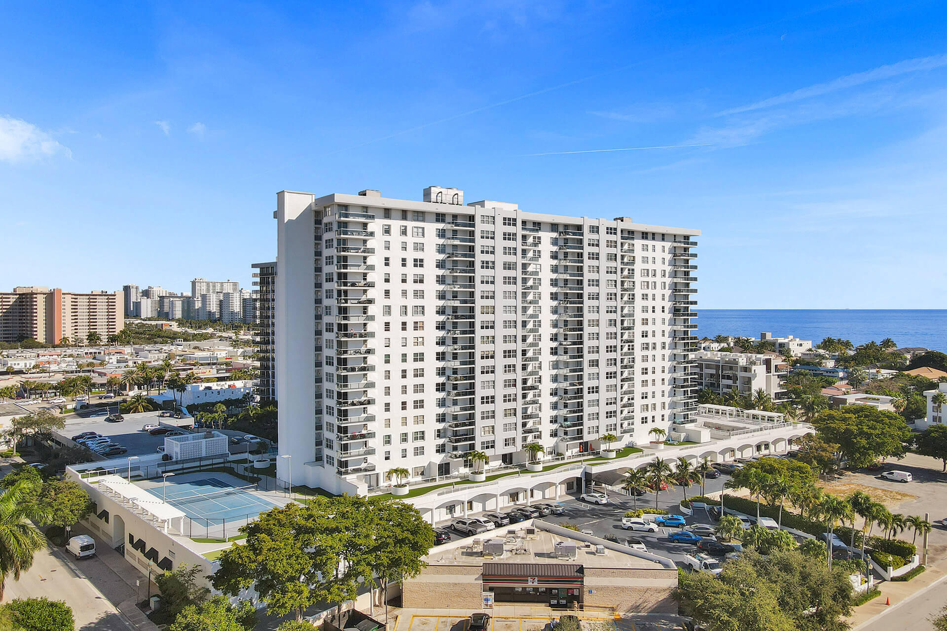 Reduced for a quick sale. Prime professional office space available in East Fort Lauderdale located on the first floor of a mixed-use commercial and residential building just steps from the Atlantic Ocean. The office suite features four fully renovated private offices, reception area with furnished waiting space, kitchenette and private bathroom. Rent includes internet, phone, water, TV and pest control providing a convenient turnkey office solution. Located in an 18-story, 199-unit building with secure main entrance, multiple access points, mail drop-off, one covered parking space and abundant guest parking. Clean, professional and move-in ready office space in a prime beachside location.