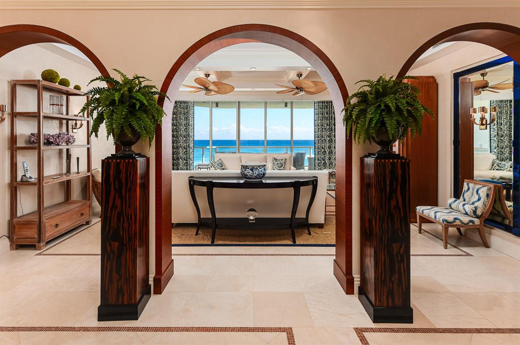 Experience far reaching views of the Atlantic in this 3 bedroom /4.5 bathroom impeccable custom appointed condo on a high floor at the prestigious Bellaria, a newer five star condo with resort/ concierge amenities.  Generous terraces extend the interior living spaces (4,300 sf total). Move right into this stunning unit in the desirable south building with its own private elevator entry, media room, marble floors, quality cabinetry, chef's kitchen, 2 garage spaces and a storage unit. Poolside cabana may be purchased separately.