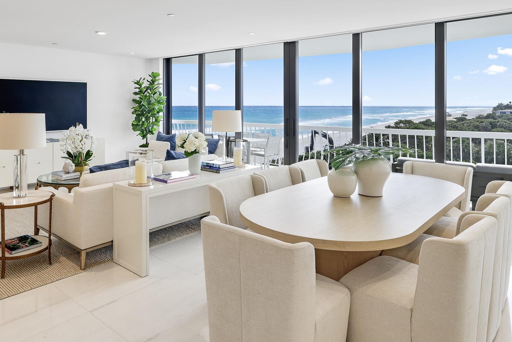 Spectacular Ocean views and complete privacy from this stunning residence recently renovated down to the studs! This high-end 2BR/2.5 BA offers an unparalleled blend of the finest materials, contemporary design, and detailed craftsmanship. From its breath-taking SE exposure, enjoy sweeping views of the Atlantic Ocean and the lush greenery of Phipps Ocean Park directly to the south, with absolute privacy from the expansive terrace. The luxurious two-bedroom line is considered the BEST in Sloan's Curve, positioned on the sunny side with open ocean views from every room. On the 5th floor, you're one of only two levels that capture both ocean and sunset vistas. Every detail was thoughtfully executed, ceilings were raised, and all AC, electrical, and systems were completely redone. Interiors feature wood and marble floors, a custom kitchen by Porath, and hand-selected marble by Palmer. The spacious primary suite includes a sitting area and private study, offering both comfort and elegance. Sloan's Curve is known for its white-glove service and world-class amenities, including a 24-hour manned gatehouse and doorman, six Har-Tru tennis courts with pro shop, a newly renovated fitness center, and a 75' oceanfront pool with hot tub and poolside BBQ. Minutes from Worth Avenue, shopping, dining, and Royal Poinciana Plaza!