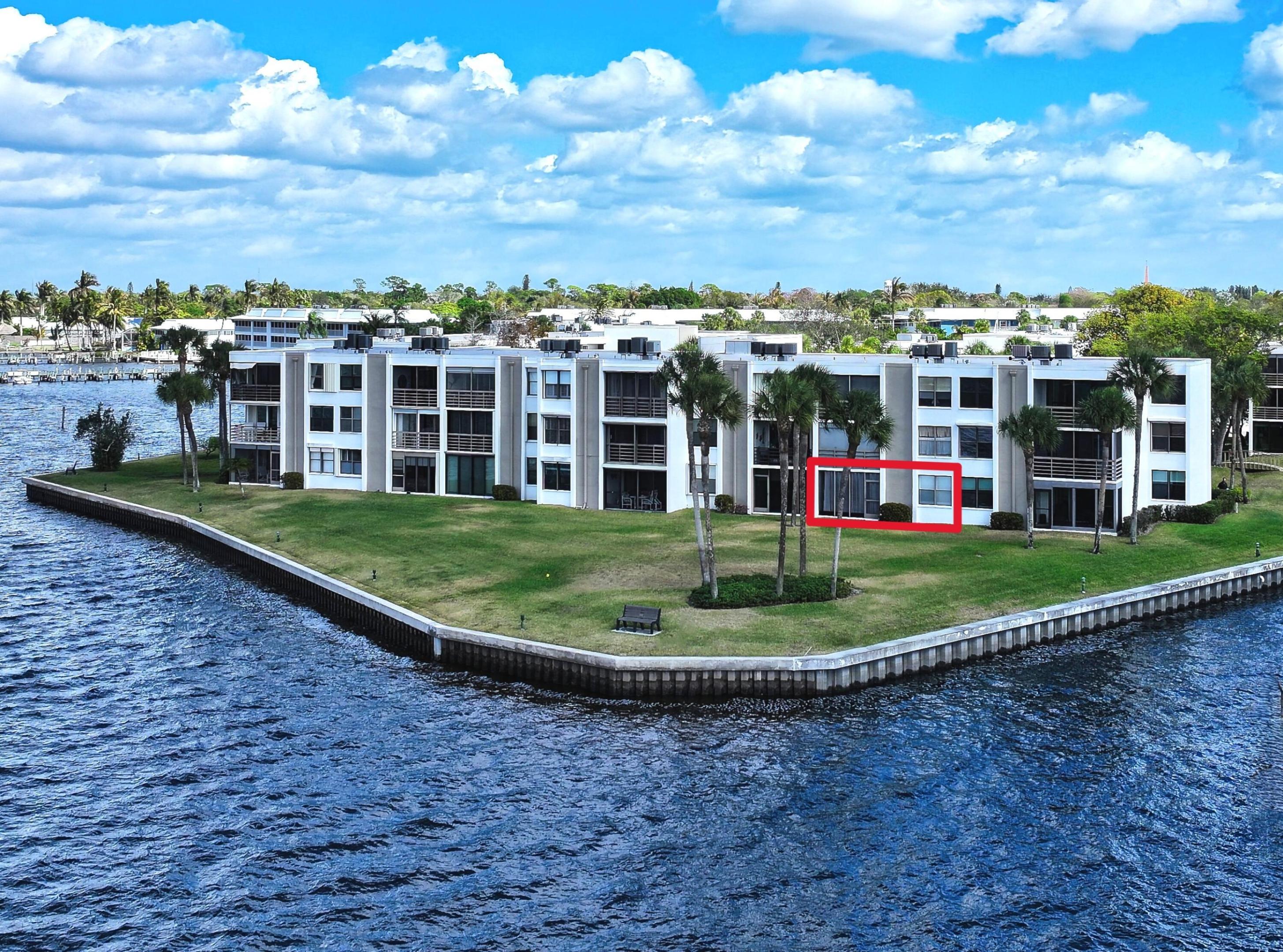 Breathtaking Wide Riverfront Living in Stuart -Rarely available 1st FL 2BR/2BA condo w/ panoramic,unobstructed river views & unforgettable sunsets in the desirable Circle Bay Yacht Club.Enjoy true coastal living w/ dockage avail & ocean access for boating enthusiasts.Bright kitchen features white cabinetry, granite countertops,MW & W/D hookup.Decorative plantation shutters & expansive windows showcase stunning water views from nearly every room.Relax on the scr'd porch w/ direct access to the waterfront scenery.Master suite boasts a beautifully updated shower & expansive vanity,while the guest bath offers a relaxing soaking tub.Active adult community incl dockage ($2/ft/month), heated pool, spa, sauna, BBQ grills, billiards & vibrant boating lifestyle.Walk to charming downtown Stuart.  Low HOA covers water, sewer, trash, cable, internet & exterior insurance—making this an exceptional value for riverfront living.Washer/dryer hookup.