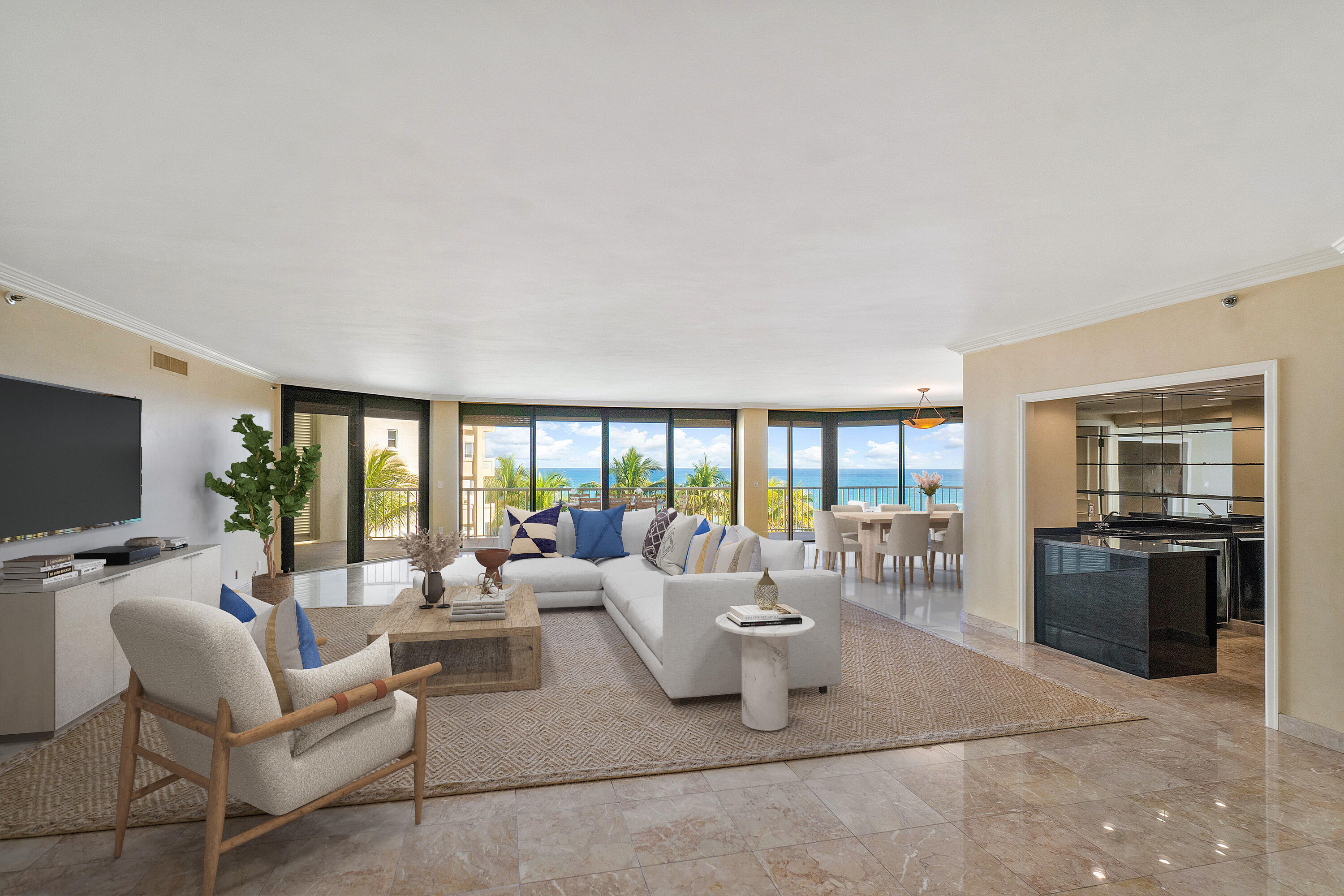 Highly sought-after, spacious four bedroom with mesmerizing ocean views and private elevator entry is now available. This spacious floor plan with high ceilings features well-proportioned rooms, an amazing primary suite with generous closet space, two large terraces (one faces NE and the other faces W), an eat-in kitchen and multiple rooms capturing the breathtaking views of the Atlantic. Includes poolside cabana. Full-amenity building offering 24-hour security and manager, fabulous gym, and oversized pool, this prestigious Boutique condo has only 30 units.