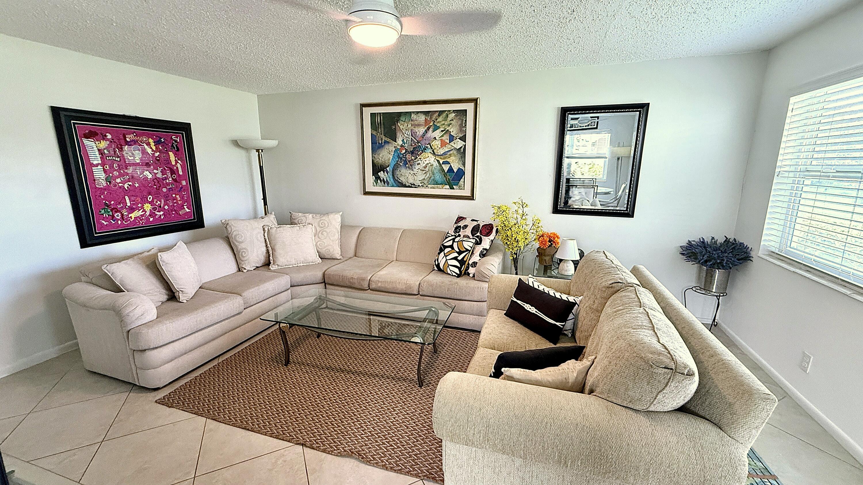 ENJOY THIS ANNUAL RENTAL. Hurrican Windows Throughout. Lovely Corner 2/1.5 1st Floor. Updated Bathrooms. Furnished, TurnKey. Lovely garden views from enclosed patio with hurricane windows. Markham O Community has BBQ/Picnic area. Steps from Markham Pool. Resort style active 55+ community w/ tons of amenities, 16 satellite pools, clubhouse, Olympic size indoor heated pool, professional exercise center, tennis, volley ball, bocce ball, luxury theater, movies, café, billiards, shuffle board, classes, sauna, outdoor pool, free bus transportation, near shopping & approx. 4 miles to beaches.