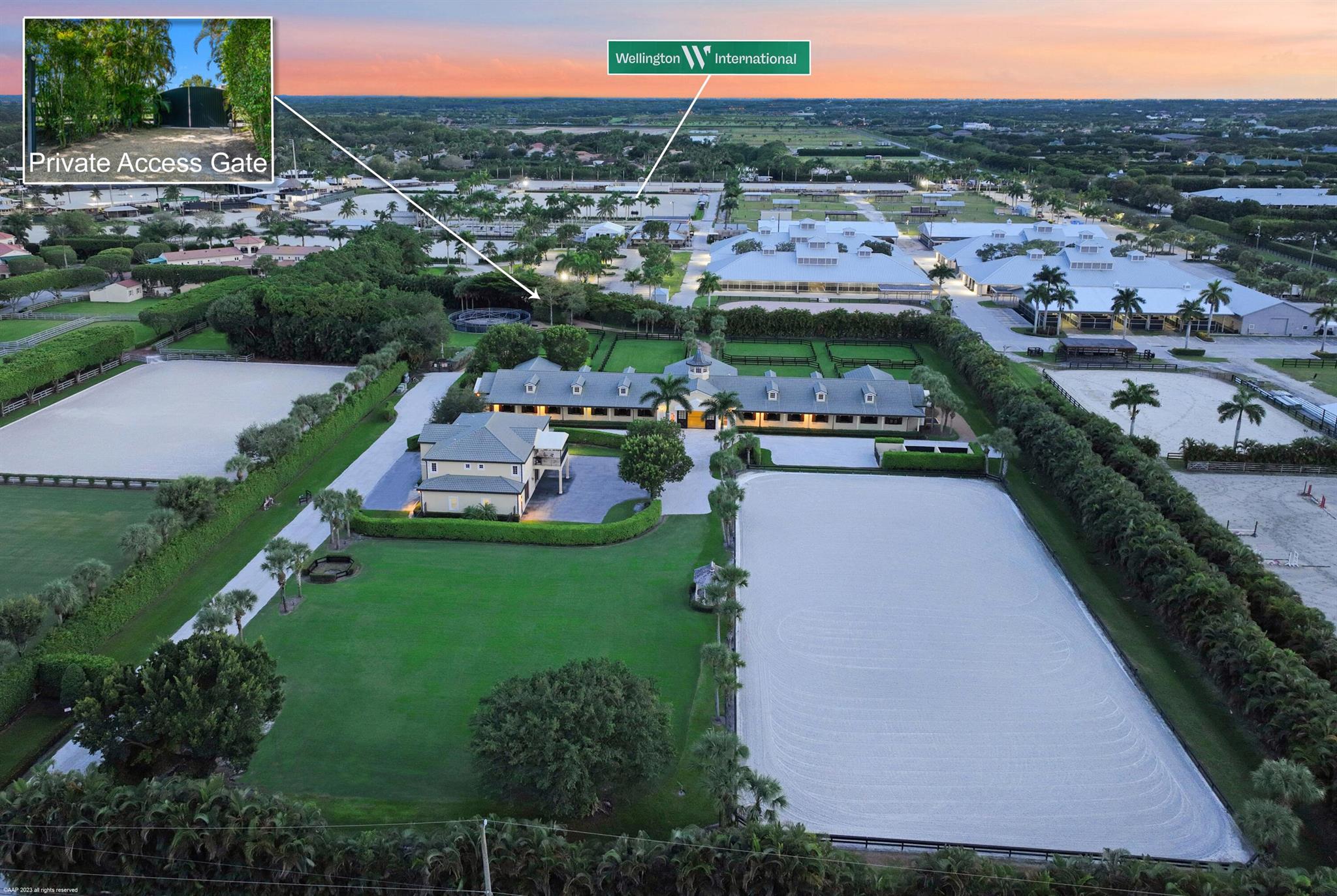Impeccable 5.29 acre farm adjoining the Wellington International Showgrounds.You cannot get any closer to the horse show than this. 24 stalls including two oversized double stalls. Lavish owners' lounge, 2 offices, laundry with commercial washer and dryer, large tack room, feed room, indoor wash stalls, and storage rooms. A large and separate storage garage along with three dog runs complete the barn amenities. Staff quarters include a 4-bedroom apartment with full kitchen, living room, laundry room and 4 bedrooms each with en-suite bath and kitchenette area. Professional riding and training facilities include a large all-weather arena plus grass field, 6 grass paddocks including a stallion paddock, and 4-horse walker. Private gated access to the heart of the Wellington International make this 5+ AC property a crown jewel among Wellington's finest farms.