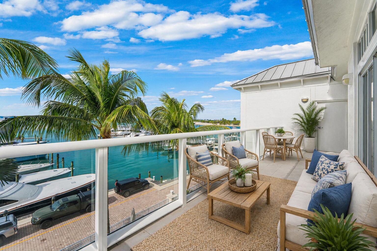 Waterfront living reaches a new level from this penthouse, corner residence at HAVN. Here, direct water views unfold across the island and a beautifully designed yacht club. Located within one of Singer Island's best-kept waterfront enclaves,  residence 2-304 features top floor vaulted living room ceilings and direct views of Peanut Island highlighted by bright blue Intracoastal waters. The interior of this penthouse A Floor Plan has been thoughtfully designed to feature a spacious open concept 3 bedroom layout, with 3 full ensuite bathrooms and one half bathroom for guests. Whether used as a full-time residence or coastal retreat, the design and setting offer a the highest level of seaside elegance.  Inside, the interiors reflect a refined coastal modern aesthetic, thoughtfully designed for both everyday living and elevated entertaining. The gourmet chef's kitchen offers a refined design with an expansive island and storage on both sides, complemented by European cabinetry, quartz waterfall countertops, and a full Wolf and Sub-Zero appliance suite. A spacious walk-in pantry offers exceptional storage, keeping the kitchen organized and uncluttered, while a dedicated wet bar adds a refined touch—perfect for hosting and everyday ease.  The primary suite offers a peaceful escape with beautiful water views and a thoughtfully designed layout. The spa-like bathroom includes a soaking tub, walk-in shower, dual vanities, and expansive closet space—delivering both comfort and refinement. Designed with both privacy and functionality in mind, the split floor plan ensures each bedroom is privately positioned with its own full bath, while a separate powder room enhances convenience for guests.  HAVN offers a rare, understated lifestyle on Singer Island—complete with HAVN Yacht Club marina, beach service, pool, hot tub, fitness center, and waterfront amenities. Enjoy direct access to the water with a dedicated paddle board and kayak launch, along with bicycles for exploring the island. Experience effortless beach days with on-site management providing golf cart transportation to the beach, where chairs and an umbrella are set up in advance—creating a ready-to-enjoy day on the sand. On-site management and gated parking further enhance the ease of ownership. HAVN is a pet-friendly community with a thoughtfully designed garden courtyard, providing a peaceful outdoor setting for both residents and their pets. Residents enjoy priority access to the adjacent HAVN Yacht Club's 52 slips, with walkability to beaches, restaurants, and local amenities throughout Singer Island. For buyers seeking a turnkey waterfront residence with true boating access and enduring appeal—this is a standout offering.  All images and visual materials associated with this property, including AI generated images, virtually staged photos, edited images, artist conceptual renderings, maps, site plans, floor plans, and other graphics, are provided solely for illustrative purposes. These representations may not accurately reflect current conditions and are subject to change without notice. No representations or warranties are made regarding the accuracy or completeness of these visual materials. Buyers should not rely solely on these materials and are responsible for independently verifying all property details.