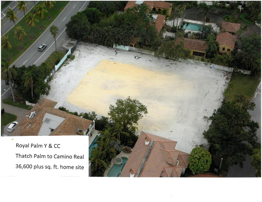 Once in a lifetime opportunity!  Largest estate lot likely ever available in Royal Palm Yacht & Country Club. Site of a now demolished 1920's compound, this property is nearly 7/8 of an acre – 36,643 approximate combined square feet.  Offering includes the former compound's estate lot & a 2,600 square foot separate deeded ''sliver'' between the original lot & Thatch Palm within Royal Palm. The sides & rear of the estate lot are completely walled and substantial clean fill was brought in after the former residence and all out-buildings were demolished.  Several magnificent specimen trees have been preserved. The site will accommodate a private tennis court, multiple garage stalls for an auto collector, an Olympic sized pool, and a new residence in keeping with the size of the property. The Buyer will become a voting member of Royal Palm Improvement Association with all related rights and privileges.  A future home can face Thatch Palm â€“ with two driveways out onto Thatch Palm and a third if desired; leading out via a gate to Camino Real â€“ for easy access to The Boca Hotel and Club - right across the street.  While this property is essentially the size of THREE standard Royal Palm lots â€“ it is deed restricted to hold one residence - and cannot be subdivided.  The current average price of a tear-down/dry lot ( non-golf ) within the gates of Royal Palm sells for in excess of $ 125.00 per square foot.  Combining three lots â€“ and tearing down the existing homes to create a compound configured like this clean/ready site is virtually impossible.  If it could be accomplished the cost to do so would be nearly $5M. The asking price of this one-of-a-kind trophy estate lot is well under the current market on a price per square foot basis...and it's irreplaceable. This "triple size" home site with its benefits and features has NEVER been offered before â€“ and never will be again!  Live the Royal Palm lifestyle within a walled estate that cannot be duplicated â€“ steps to golf, dining, The Boca Hotel and Club and the beach.