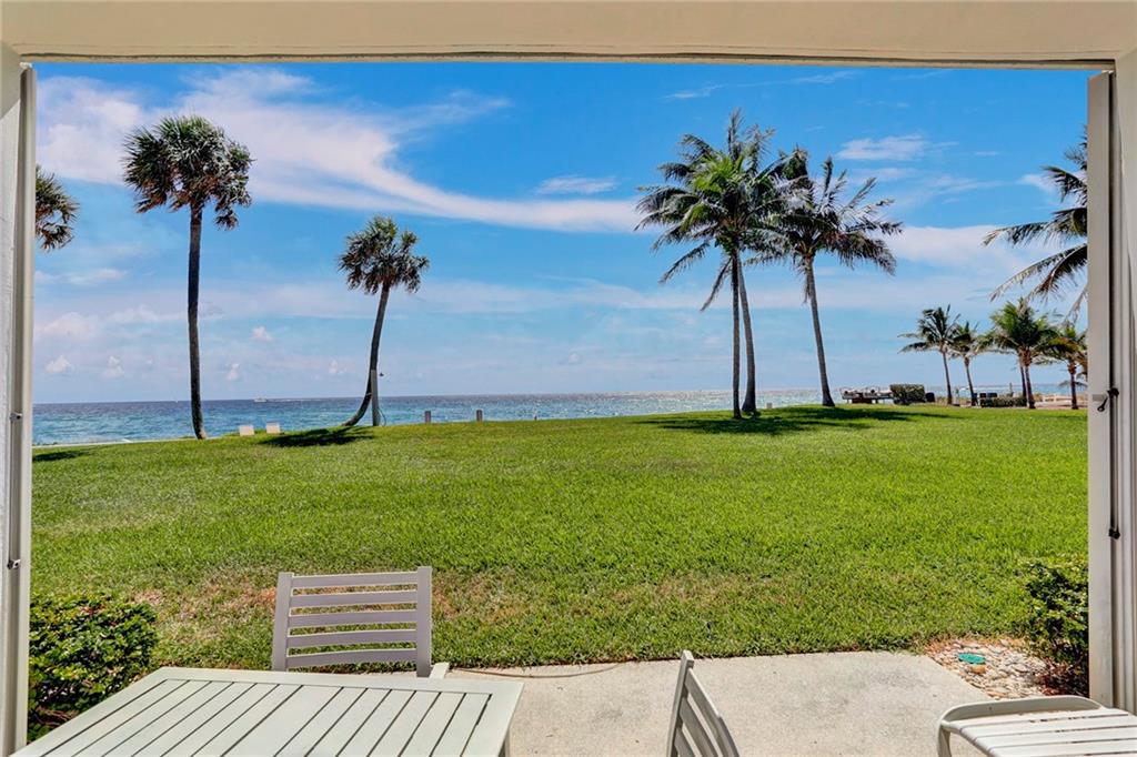 South Florida living at it's best!! Highly Sought after Hillsboro Mile Hidden Gem! Come and See this adorable ground floor unit before its gone. Private Beach in your own backyard! Walk right out your back door and literally steps to the sand. Amazing ocean views in the back. Intracoastal view in the front with pool, patio, grill, community room and boat docks. 2/2 split bedroom plan. 2 master bedrooms with walk in closets and private bathrooms. Plantation Shutters. Ceramic tile throughout. Nice open kitchen with granite counter tops and stainless appliances. Light and Bright! A/C 3 years old. Accordion shutters for ocean front window. (55+ community CO-OP Cash Only)