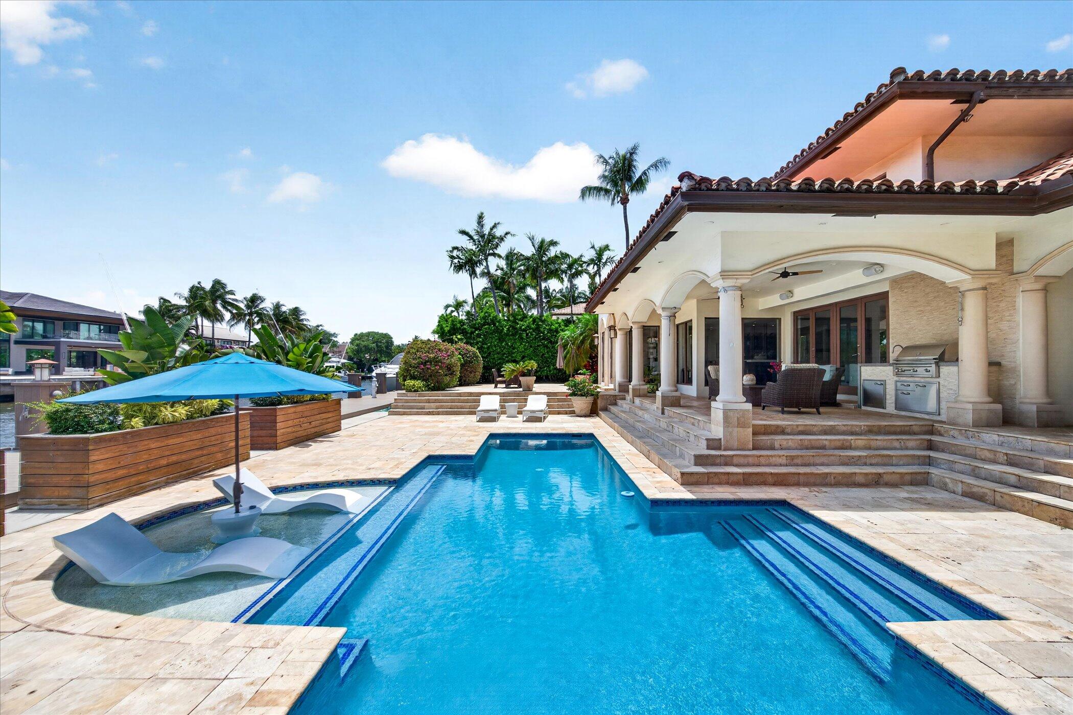 Striking Contemporary Mediterranean waterfront estate in prestigious Coral Ridge. This designer curated residence offers 5 beds with bonus room, 5 1/2 baths, loft and office with dramatic volume ceilings, imported stone, exotic woods, and refined European finishes. Pedini Italian kitchen with Miele and Sub-Zero appliances. First-floor primary suite overlooks a tranquil Zen garden. Enjoy a resort-style pool, 100' of waterfront, ocean access with no fixed bridges, impact windows, generator, and gated privacy.