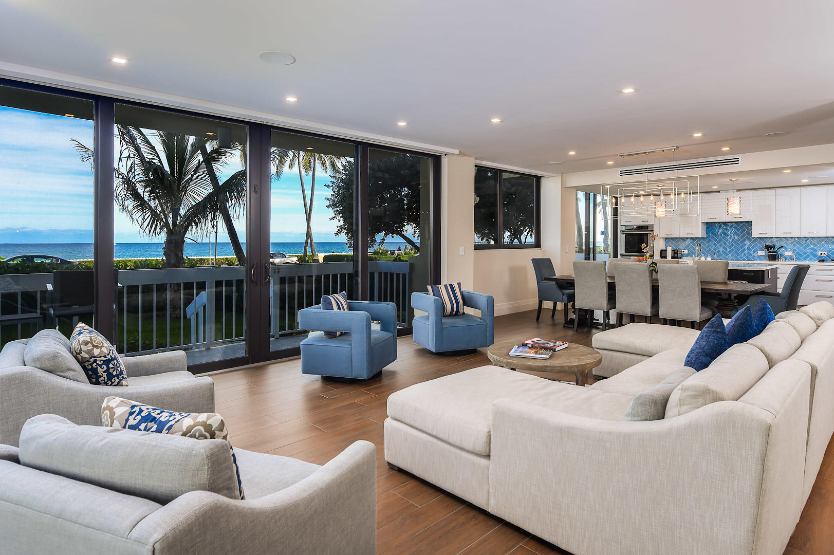 Stunning oceanfront 3BR/3.1BA condominium with Contemporary interior and commanding ocean views. Completely reimagined by Affiniti Architects and Sciame Homes with open floor plan and lots of natural light. Gorgeous new kitchen and baths with intricate tile work. Condo features high ceilings, three covered terraces, spacious den with built-ins, full sized laundry room, and beautiful flooring and details. Full service building includes doorman, pool, and exercise facility. To be sold As Is. All sizes approximate and subject to errors and verification. Sq. Ft. per architect.