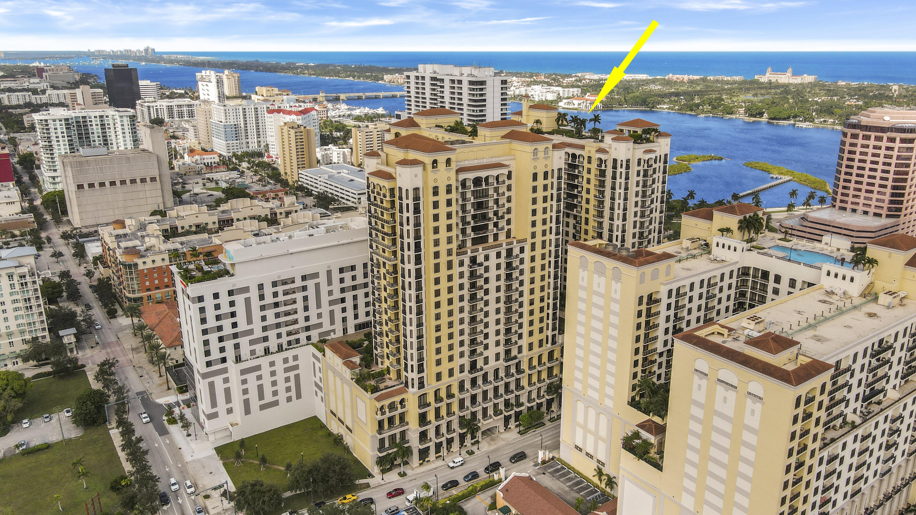 Rarely available 1 Br unit with 14.5 ceilings (highest downtown) in one of the best rated buildings downtown WPB, large ceramic tiles, open floor concept. Enjoy partial water views from your TWO balcony's, one in living room, one in bedroom. The full-service building offers 24hr security, concierge, valet, rooftop pool with 360-degree city views, hot tub, sauna, steam room, outdoor kitchen, indoor and outdoor movie theaters, club room, lanai courtyard, fitness center, dog area, and more. All corridors are being refreshed with new carpeting, millwork, and painting.