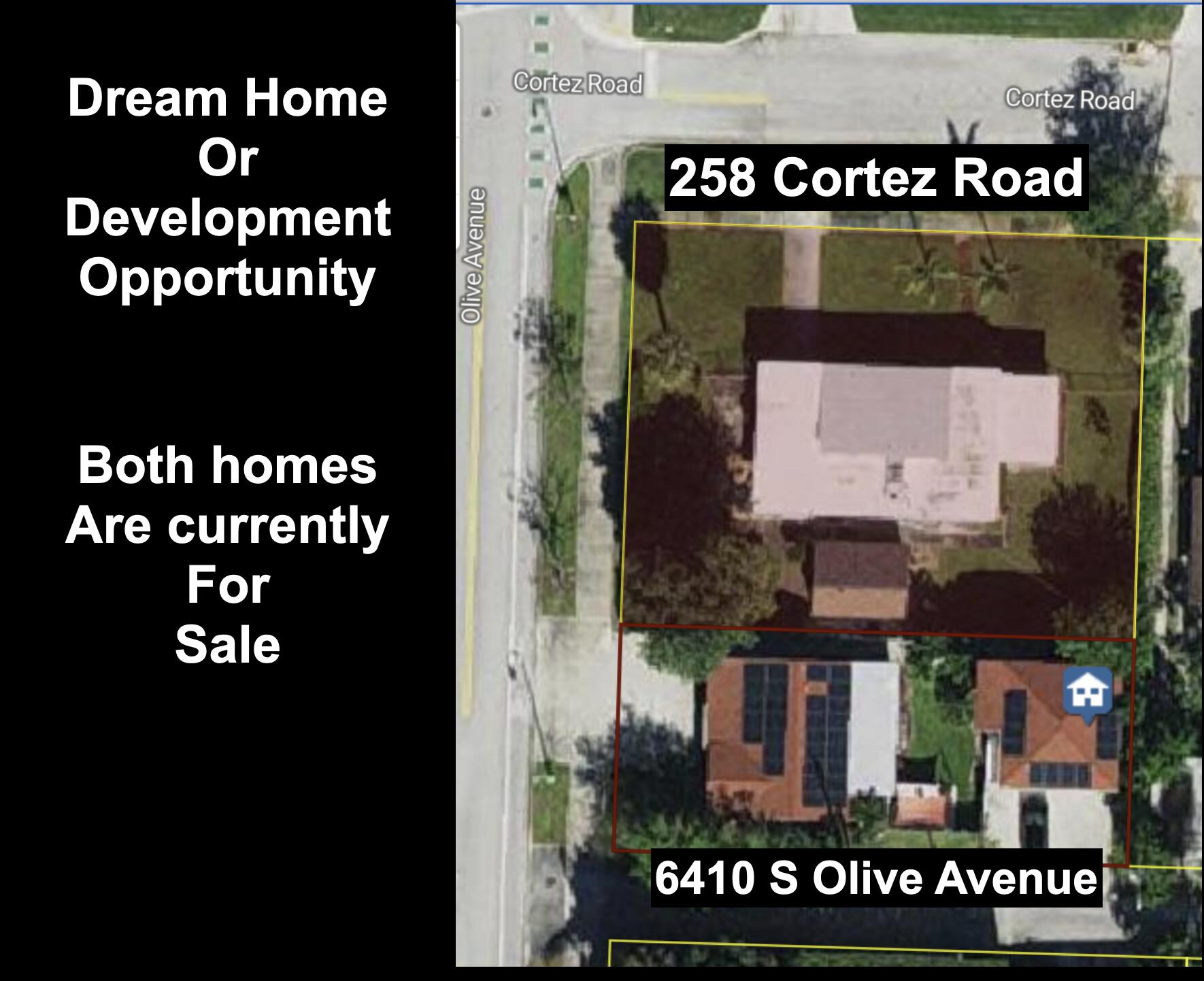 An exceptional and rare opportunity—6410 S Olive Avenue may be purchased in combination with the adjacent property on Cortez Road, also currently for sale, creating a larger, more versatile parcel in the heart of SoSo, one of West Palm Beach's most sought-after neighborhoods. Together, these properties present a compelling land assemblage with the potential to design and build a custom estate or pursue a thoughtful redevelopment surrounded by some of the area's most desirable homes. Whether envisioned as a private compound or a future-forward project, this combined offering unlocks scale, flexibility, and long-term upside in a location that continues to appreciate and attract high-end investment.