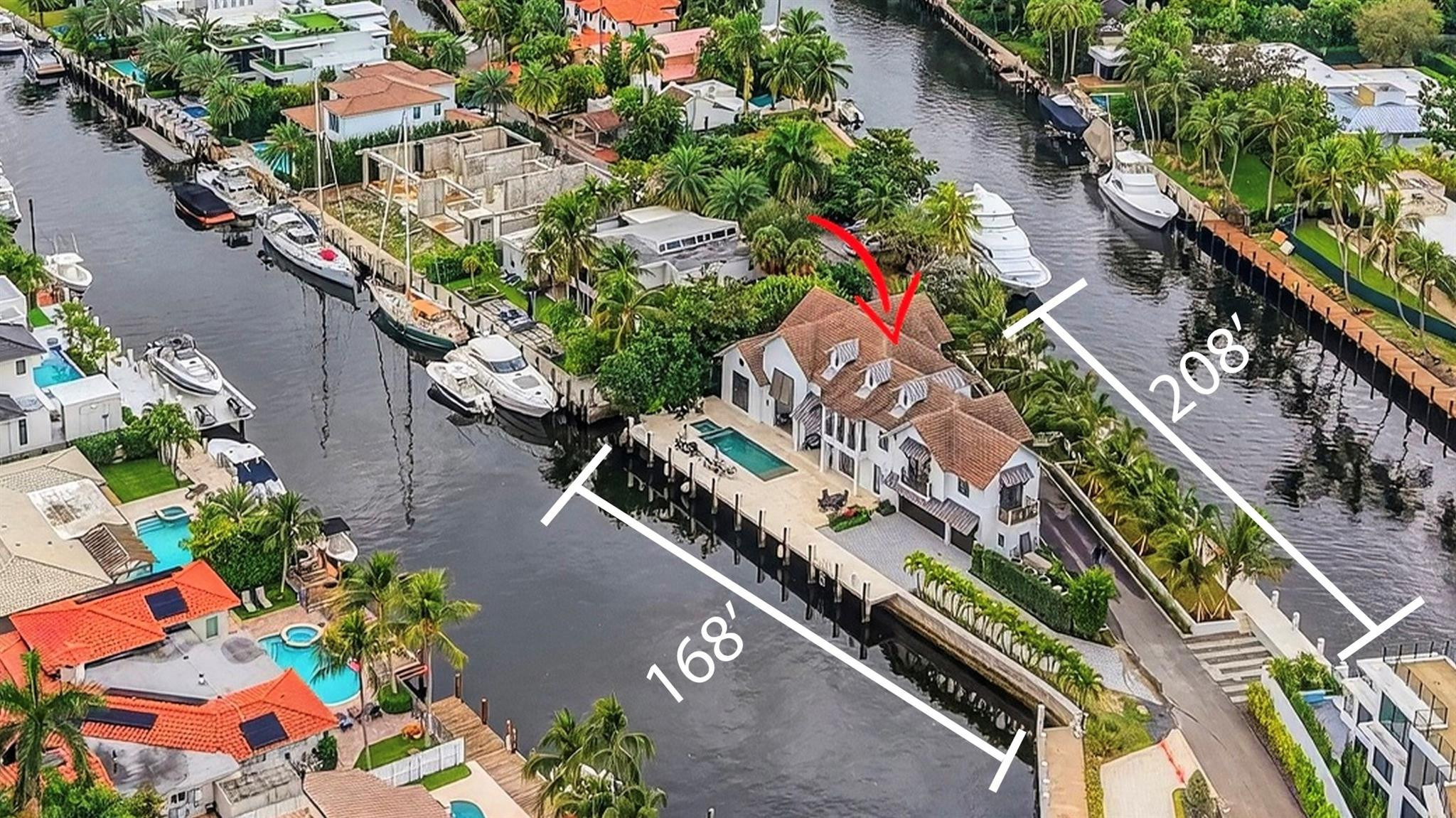 Create your own private luxury marina environment just off Las Olas!  376 ft of deep-water dockage on two wide canals allows comparable dockage to point properties!  Main residence 168ft & separate west dock 208ft & 3 phase power. Enjoy supreme privacy & great Las Olas proximity, surrounding multi million-dollar residences. British West Indies inspired architecture, high quality custom build & detailing throughout, welcoming great room with vaulted ceiling, chef's kitchen, two primary suites (main suite 1st level), guest suite, laundry & guest bath. 2nd level comprises additional primary suite (or Captain's Quarters), open office, two additional large bedroom suites. Entire 3rd level large private bedroom suite. Extremely flexible floorplan. 3 car garage. West dock 5 guest parking spaces.