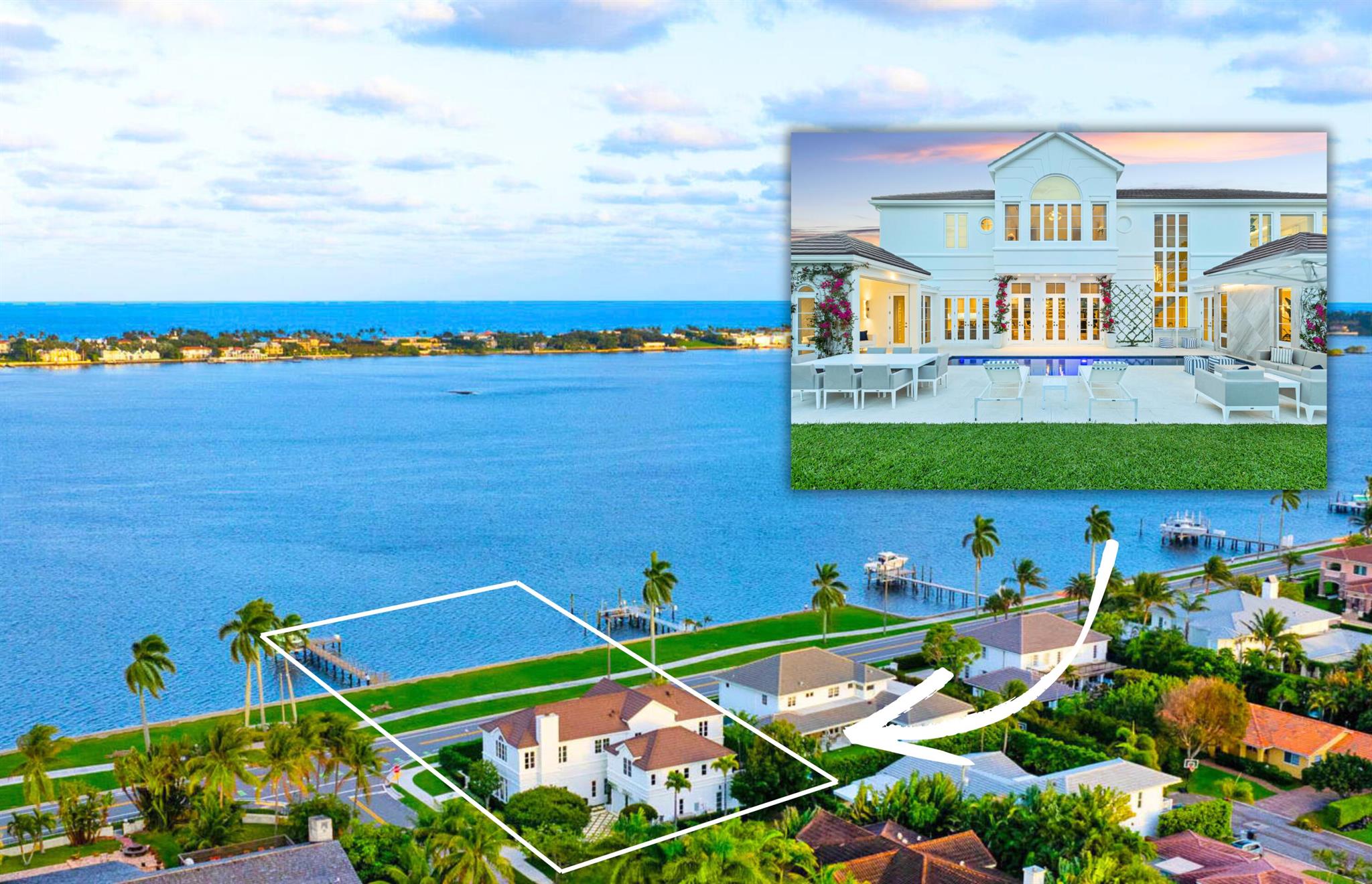 IMPRESSIVE 100-FT WATERFRONT ESTATE INCLUDING ITS OWN PRIVATE DOCK & BOAT LIFT. Newly renovated with every luxury for the discerning buyer, this 5-bed home offers breathtaking views of Billionaires Row, widest part of the Intracoastal Waterway, from all main rooms. Featuring 11-ft ceilings, 6,000 total square feet of meticulously redesigned living space, elevator, and a desirable semi-attached guest house. The very impressive waterfront bar/lounge features LED backlit crystalline quartzite a stunning brass sink, ice maker, and custom cabinetry, all inspired by the Bulgari Hotel in Paris. A sprawling primary suite complete with oversized dual dressing rooms with Italkraft closets and custom cabinetry. This home has an abundance of natural light, high-end finishes, and every... ...conceivable amenity for those who love to entertain. The open kitchen features premium Wolf and Subzero appliances. This sophisticated 2-story home also includes a guest apartment for extended stays or ultimate privacy. Overhauled under the guidance of designer Amir Khamneipur, known for his work at The Bristol, every element of this home is crafted for luxury living: wine wall inspired by the displays at Breakers Resort, putting green, gated driveway, full house generator, integrated smart home system, and elevator. Perfectly located near Palm Beach Island with views of Mar a Lago, close proximity to PBI Airport, premiere shopping, dining, and more. An adjacent lot is also available for purchase, offering unparalleled potential for expansion. This is a rare opportunity to own one of SoSo's finest properties!!!