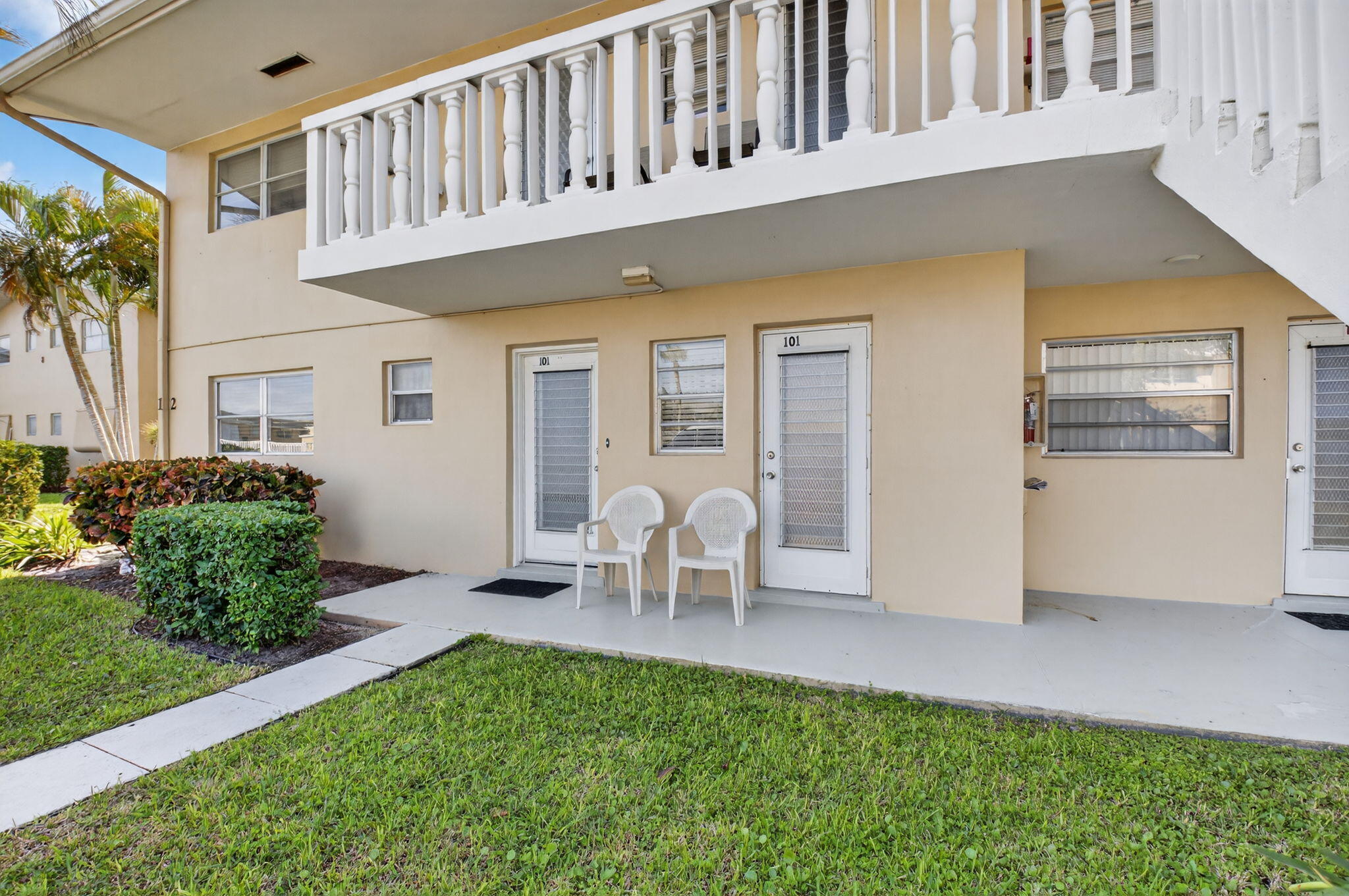 MOTIVATED SELLER - Bring all offers!! This updated 2 bed/2 bath first-floor corner unit in Village Royale is ready for its new owner. Just steps from the pool and clubhouse, this condo offers both front and rear patios, along with generous living space inside. As you enter, you'll immediately appreciate the abundant natural light and airy feel that truly elevate this corner unit. The kitchen provides ample counter space and there is also the convenience of in-unit laundry. The open-concept dining and living areas create a warm, welcoming layout that feels like home the moment you walk in. Village Royale is an active, highly sought-after 55+ community in a prime location close to shops, restaurants, beaches, and just a 15-minute drive to Palm Beach International Airport.