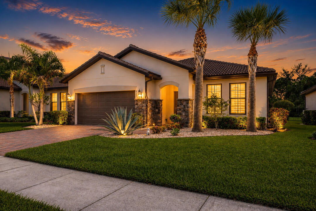 Move right into this beautifully upgraded 3-bedroom, 2-bath home featuring an open-concept design perfect for everyday living and entertaining. Wood-plank tile flooring flows throughout the main living areas, while the chef's kitchen showcases a large center island, quartz countertops, designer pendant lighting, stainless steel appliances, and a gas range. The private office with French doors and tray ceiling offers an ideal work-from-home space. Relax on the extended screened and covered patio overlooking a peaceful preserve with custom landscaping, fenced yard, and doggie door. Additional upgrades include crown molding, plantation shutters, impact windows, reverse osmosis system, water softener, designer lighting, and an epoxy-coated garage floor. Impeccably maintained and truly move-in! Located in the sought-after gated community of Veranda Gardens renowned for its warmth, hospitality and pet friendliness. Living in Veranda Gardens means access to fantastic amenities including a Clubhouse, resort-like heated pool, spa, lap pool, cabanas, tennis, pickleball, basketball, bocce ball, fitness center, community room, catering kitchen, barefoot bar, BBQ grills, fire pit, grills, playground, dog park, sidewalks, street lights, lawn maintenance and all with a LOW HOA fee. Conveniently located with easy access to the FL Turnpike, I-95, shopping, dining, golf, baseball and the beach, this home offers the complete package.