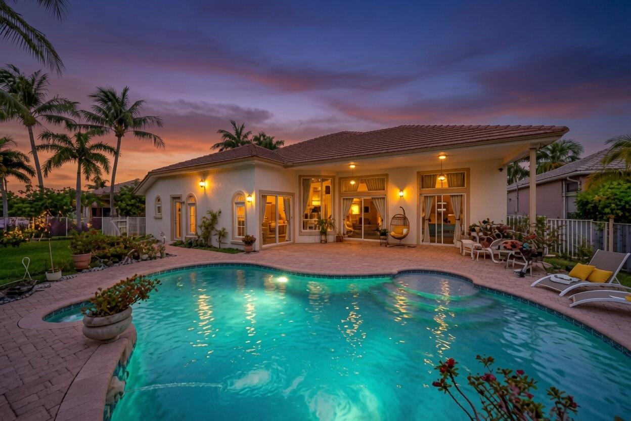 Offered exclusively in the prestigious "Chateau" Estate section of Coral Springs' gated Grand Reserve community, this stunning 5-bedroom, 3-bathroom, 3-car garage home sits on an oversized 11,620-square-foot lot that backs directly to a serene nature preserve with no rear neighbors. The one-story Monterey model features a triple split bedroom layout for optimal privacy, soaring 12-foot volume ceilings, custom crown molding, rounded corners, and abundant natural light throughout. The open design includes formal living and dining rooms, a spacious family room, and aMODEL floor plan with a large formal living room and dining room, an enormous family room adjacent to the upgraded kitchen. Large kitchen features granite counter tops, stainless appliances, upgraded bay windows, a center island,  bay windows, and extensive cabinetry. Tile flooring flows through the main living areas, while laminate wood flooring warms the bedrooms. The expansive master suite offers two large walk-in closets, sliding doors to the pool, and a luxurious en-suite with dual vanities, a walk-through shower, and a Roman tub. The tropical backyard features a covered patio, pavered entertainment area, and a large pool with waterfalls and a sun shelf beach area, all surrounded by lush landscaping and exotic fruit trees including sugar apple, Jamaican blue coconut, Hawaiian papaya, Thai banana, sapodilla, red dragon fruit, soursop, rose apple, and Thai mango. Additional highlights include a fully fenced yard, a 3-car garage, a paver driveway accommodating six additional vehicles, dual-zone A/C units and a hot water heater both less than two years old, and an indoor laundry room. Grand Reserve offers 24/7 manned gated entry and security patrol, plus a clubhouse with fitness center, billiard room, heated adult and children's pools, and a tot lot playground—all within walking distance. The home is ideally located near Park Springs Elementary, Forest Glen Middle, and Coral Springs High School, with quick access to the Sawgrass Expressway and Florida Turnpike, and less than a mile from Walmart, Target, Publix, Home Depot, and numerous dining options. This beautifully maintained home is being sold in its present physical condition, and the purchase contract will be an "AS IS" contract, with seller making no repairs or improvements.