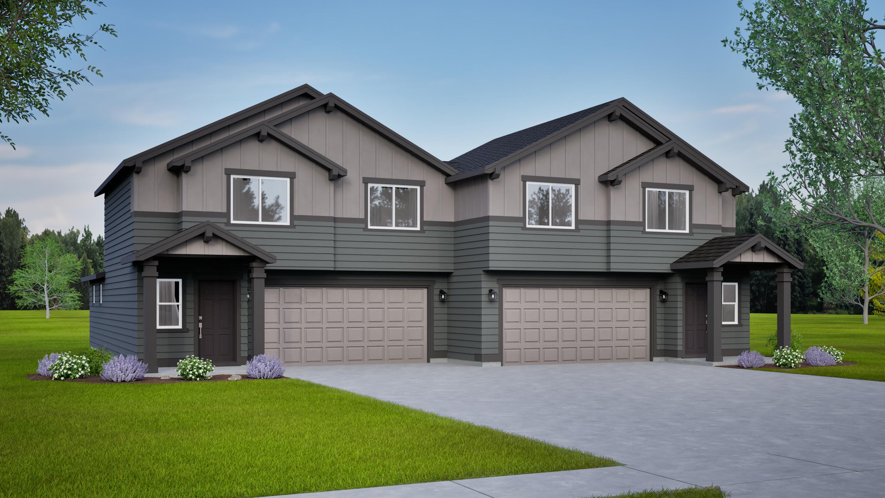 The 1395 square foot Darrington is a well-appointed two-story townhome that lives larger than most mid-sized plans. The dramatic entry leads to the open kitchen and living room area, with plenty of light and space for entertaining. The kitchen boasts ample counter space and cupboard storage and features an optional desk for convenience and organization. Upstairs, the main bedroom has a large closet and bathroom, and two other sizable bedrooms offer large closets and share a second full bathroom.