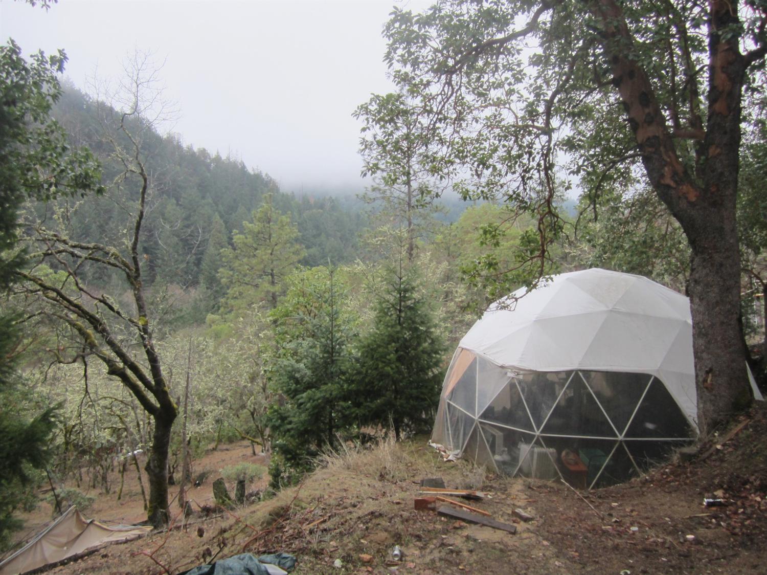 This is a beautifully wooded parcel that still gets great sun with South West exposure. A full price offer will include pots soil dome etc. Do not enter the property without an agents present. Three wells of questionable production capability, two may have collapsed. Power runs through the property.