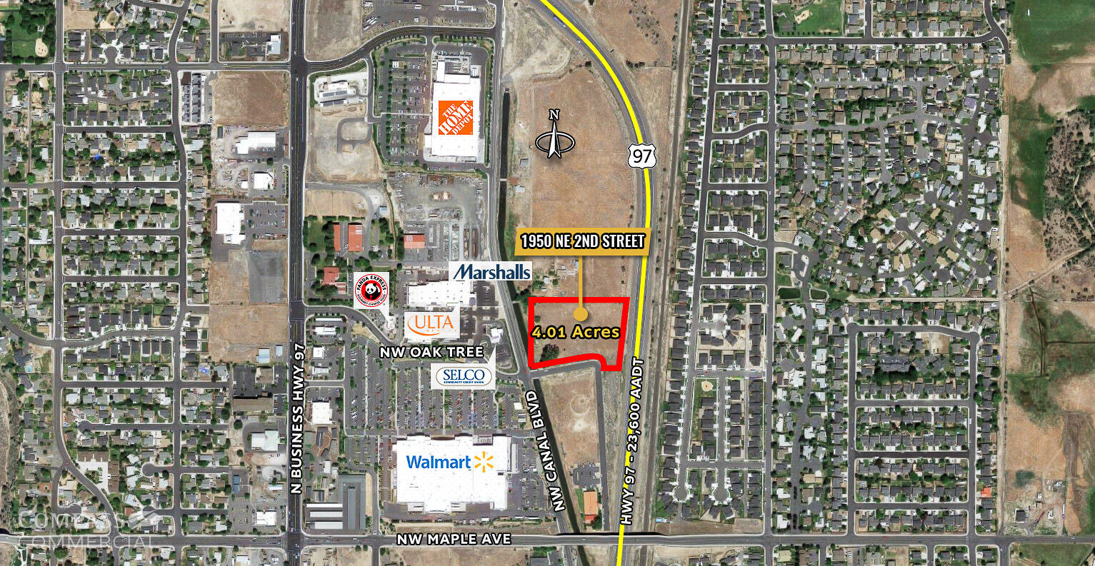 4 acre high profile commercial parcel in fast growing Redmond, Oregon.  Near Walmart, Home Depot, Petco, St Charles Hospital, and more.  Outstanding visibility from Hwy 97.  Panoramic Cascade Mountain views.  Seasonal irrigation canal cuts through SW corner providing a beautiful water amenity.  Utilities to the site.  Great site for hotel, multi family, retail, food, entertainment, medical, banks, auto and RV sales.  
Much development due diligence already completed including Phase I and ALTA survey.