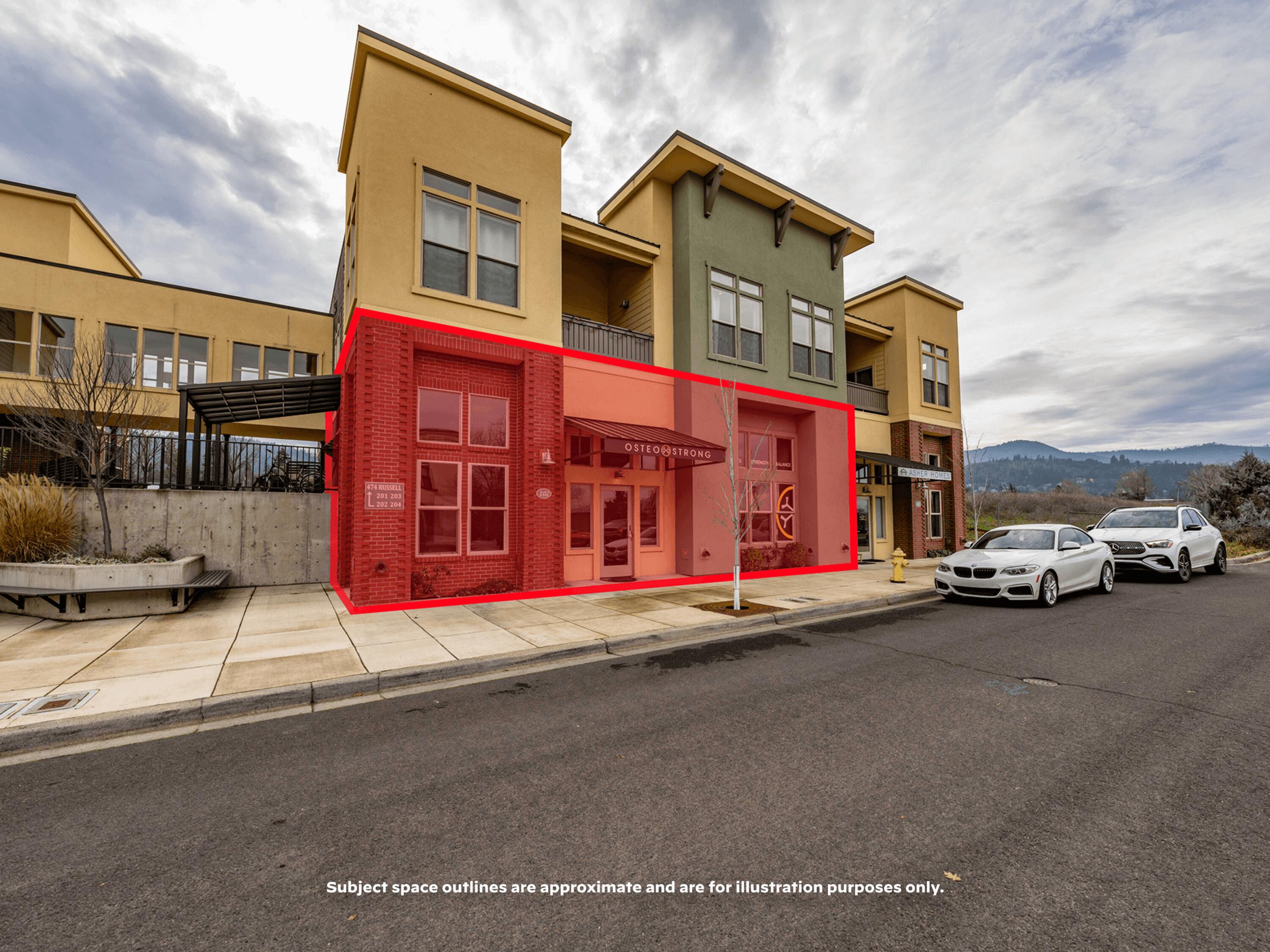 Exclusively presented for lease - 474 Russell Street, Suite 102, an excellent, high-quality professional office or medical space in Ashland, Oregon (the ''Space''). As the ground floor in an immaculate newer-construction mixed-use building, known as Falcon Heights, the Space is an immensely flexible mostly open concept former medical office space, and currently presents as a nearly turn-key finished shell. Abundant street parking leads to the stucco and brick-framed dedicated entrance, and inside into the light and bright built-out reception and waiting area. Underneath 12' painted ceilings, there is a core open flex area, which flows well into three private offices, private restroom, breakroom with kitchenette, and storage space. This Space is a strong fit for a wide variety of users, and could benefit from the nearby medical-adjacent users and professional/service businesses. Tours by appointment only - contact brokers for more info.