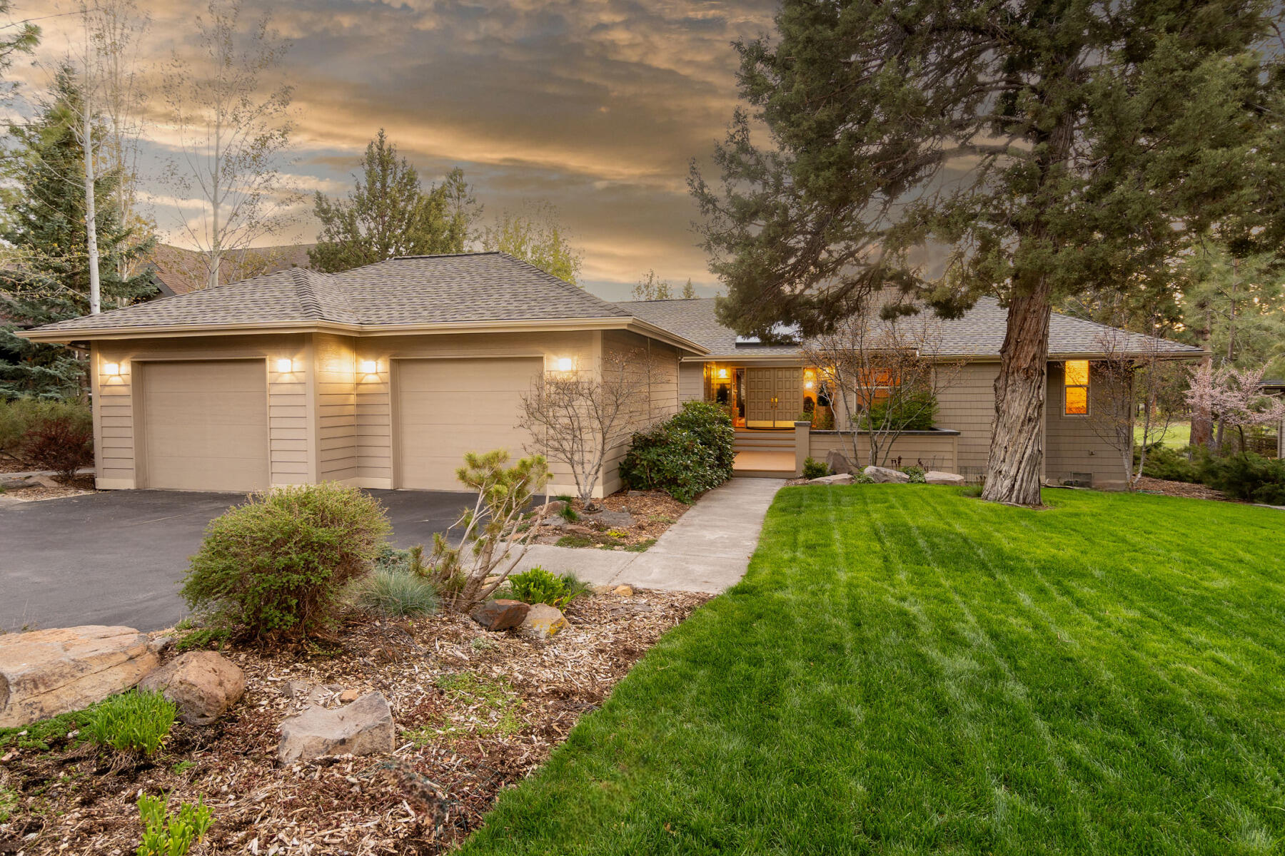 Welcome home to this lovely single-level retreat on a private .28-acre homesite with mature landscaping and views of the 7th fairway in the desirable gated community of Awbrey Glen. Featuring 2,552 +/- square feet of well-designed living space bathed in natural light, this home has 3-bedrooms and 2.5-bathrooms and provides a great floor plan, including a spacious primary suite, office or gym, and den. The sunny kitchen offers walk-in pantry, abundant cabinetry, lots of counterspace, easy access to the back deck and BBQ area, and is open to the dining room and second living area. The generously sized back porch offers both a covered and uncovered area with accessibility to the beautifully landscaped yard. Membership is not required, but offers fantastic amenities including golf course, pool, tennis courts, fitness center, and fishing pond. An abundance of walking paths meander throughout the community. Live your best Bend life!
