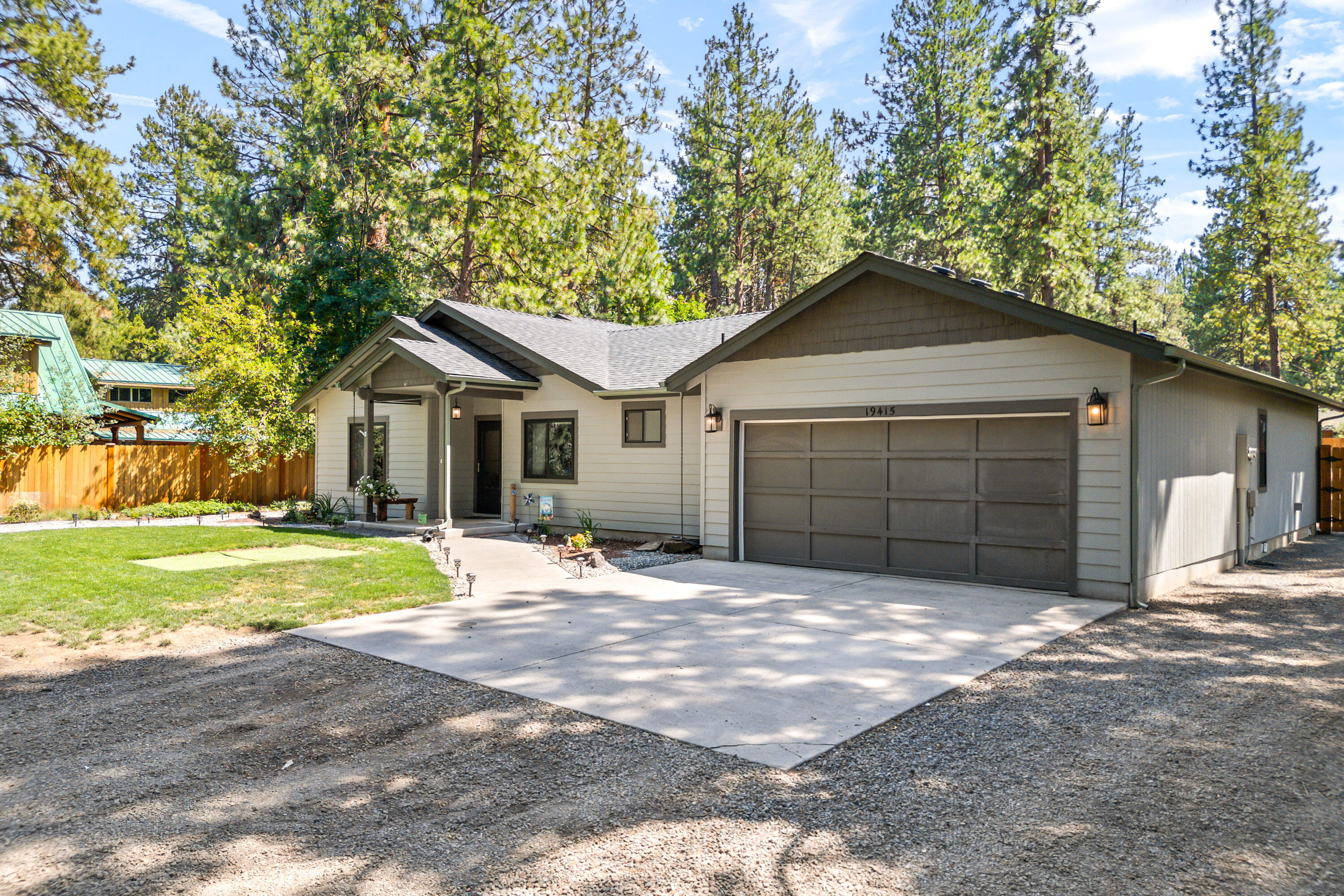 Quiet, peaceful, and private—this beautifully updated single-level home in Deschutes River Woods sits at the end of a cul-de-sac on a .90-acre lot just a few lots from the scenic lava flow. Designed with flexibility in mind, the 1,996 sq ft floor plan features two separate primary suites, a third bedroom, and a dedicated office—an ideal setup for multi-generational living, hosting long-term guests, or even creating private work-from-home space. The open layout includes vaulted ceilings, a chef's kitchen with granite countertops, custom cabinetry, and generous storage. Expanded and fully remodeled in 2020, this home is perfect as a full-time residence or vacation getaway. Outside, enjoy a patio with hot tub and fire pit, garden beds, a play structure, and a charming chicken coop. The front of the lot offers space for a future shop, garage, or RV parking. Surrounded by great neighbors and stick-built homes, this is relaxed Central Oregon living at its best.