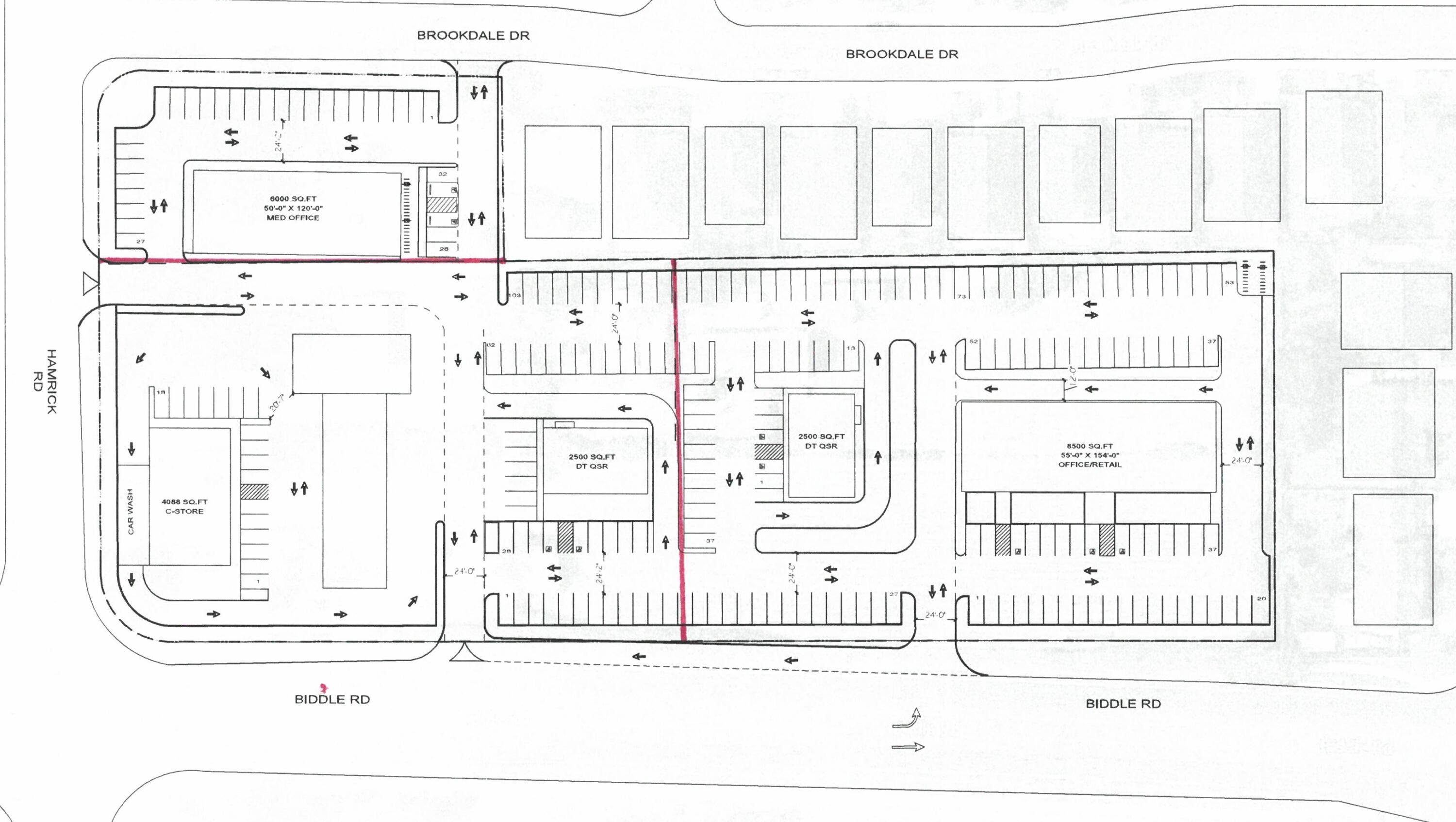 Owners have conducted a TIA to justify a left in off Biddle and a full movement at Brookdale off Hamrick.  TL 800 needs to be annexed.  Partial sale would require a lot line adjustment.