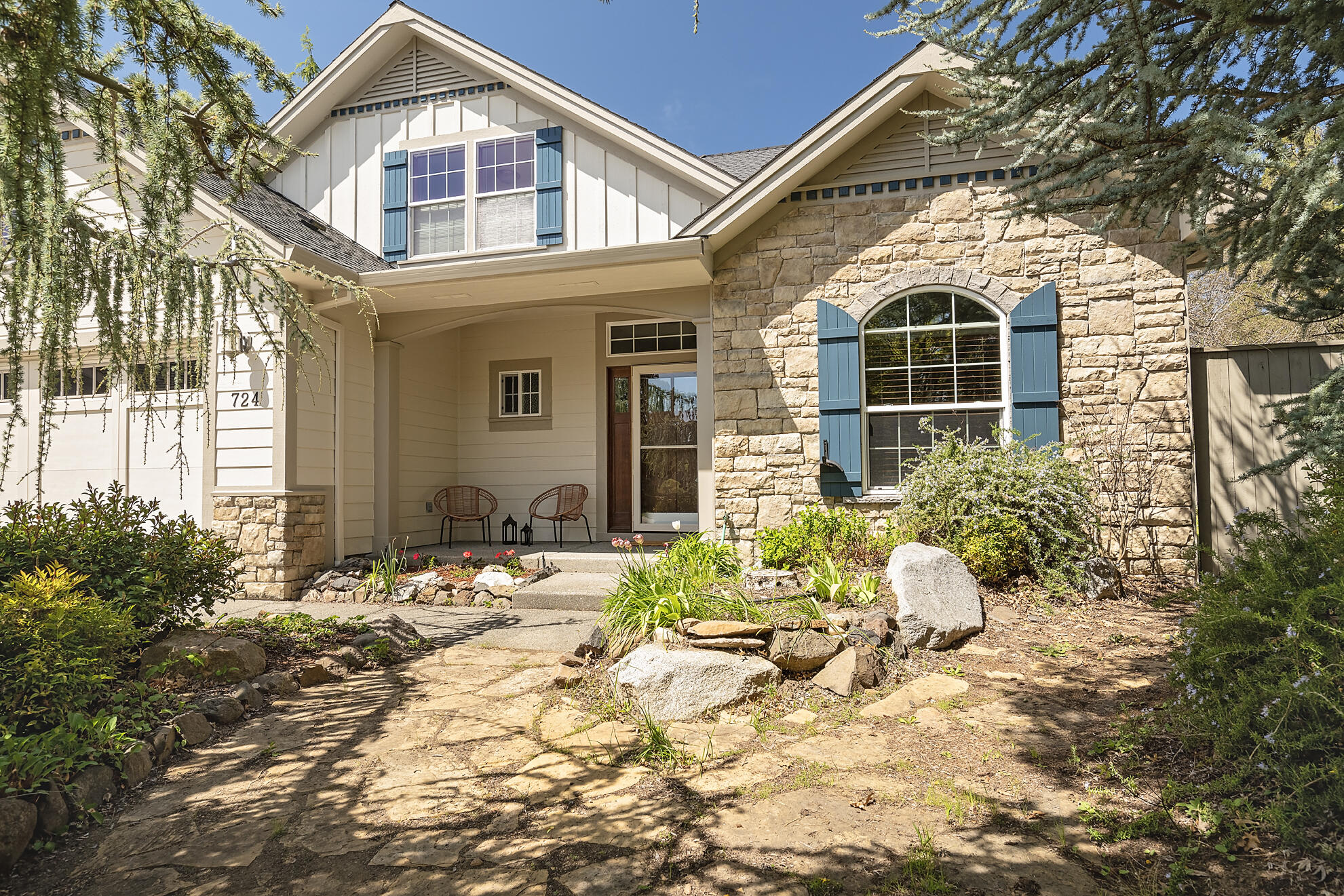 Striking, well cared for E. Medford DeCarlow built home in highly sought neighborhood, now available! 3 bedrooms (plus office), 2 1/2 baths w/2334 sq ft, move-in ready. French doors enclose the nice sized office off entry. Main level features great room w/soaring ceiling, marble surround gas fireplace w/built in shelving and cabinets on either side. Wall of beautiful windows faces both dining area and great room. Kitchen is open to dining area and great room; granite counters, double wall ovens and gas cooktop, pantry, and breakfast bar. 3 bedrooms upstairs; primary bedroom w/walk-in closet and ensuite bath w/dual sinks, jetted tub and separate shower. Hall bath has dual sinks, and enclosed toilet and tub/shower. Laundry room w/sink and cabinets. Abundant storage and natural light throughout. Easy care landscape w/raised garden beds. 3 car garage tandem style and a new roof!