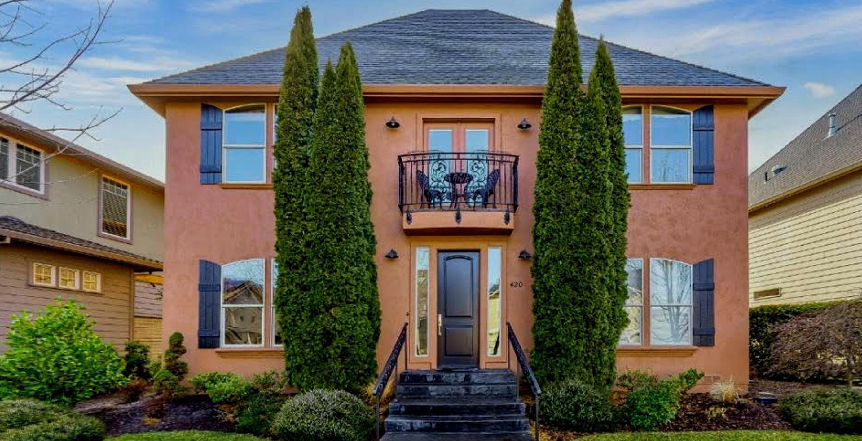 This timeless Mediterranean-style home has high ceilings and elegant archways, a formal dining room or library area;  an open great room: a living space with beautiful gas fireplace/mantle; an eating or play area; and a large kitchen with stainless steel convection oven, microwave, refrigerator, and Jenn-Aire gas cooktop on the kitchen island.  Ample cupboards, drawers and large pantry.  A bedroom with walk-in closet and adjacent full bath completes the main floor.  A secluded backyard covered patio is perfect for outdoor entertaining.
The beautifully curved staircase with oak and wrought iron railing leads to the spacious 2nd floor master suite, with hardwood floors, gas fireplace and sitting area.  The luxurious master bath has double sinks, travertine countertops, a deep jetted tub, tiled double shower and large closet.  Two additional wood-floored bedrooms and a charming outdoor balcony have Grizzly Peak views in the distance.  The 2nd floor also has a full bath and laundry room.