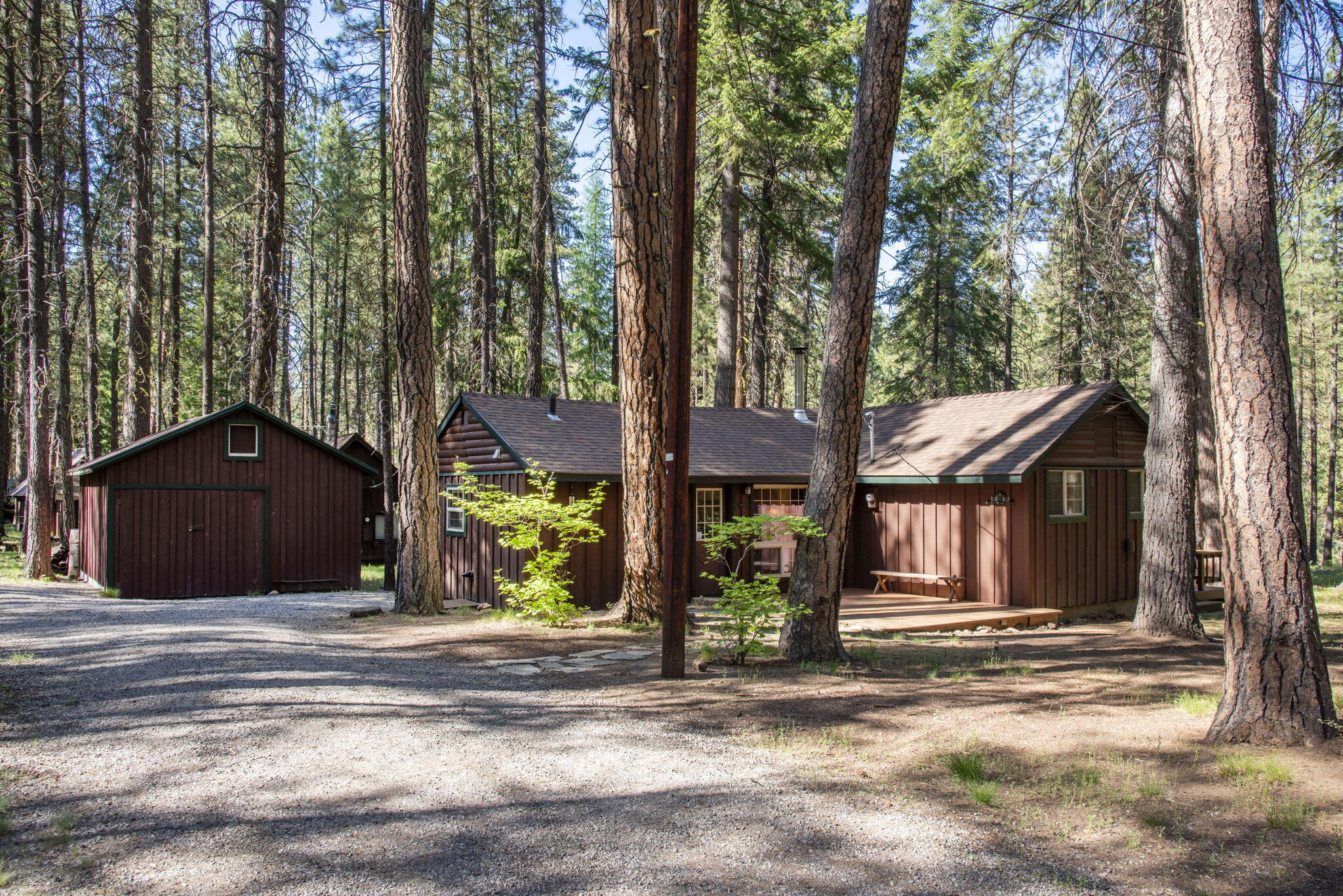 Don't miss the opportunity to make this Metolius River frontage cabin yours! Charming and well maintained 2 bedroom, 1 bath cabin is nestled in a stunning old-growth Ponderosa Pine forest. This 924 sq ft retreat features knotty pine cabinetry, new engineered hardwood flooring, a cozy wood stove and a full bath with laundry. Recent upgrades include new paint, light fixtures, interior doors, and window treatments throughout. New insulation in attic and some walls, new sink and faucet in the kitchen. Enjoy outdoor living on recently sanded and stained front and back decks, perfect for relaxing and enjoying nature. A detached garage/workshop provides space for tools and toys. Metolius River water serves the cabin. The property is authorized by a U.S. Forest Service Special Use Permit. This is an ideal year-round getaway offering endless recreational opportunities just outside your door.
