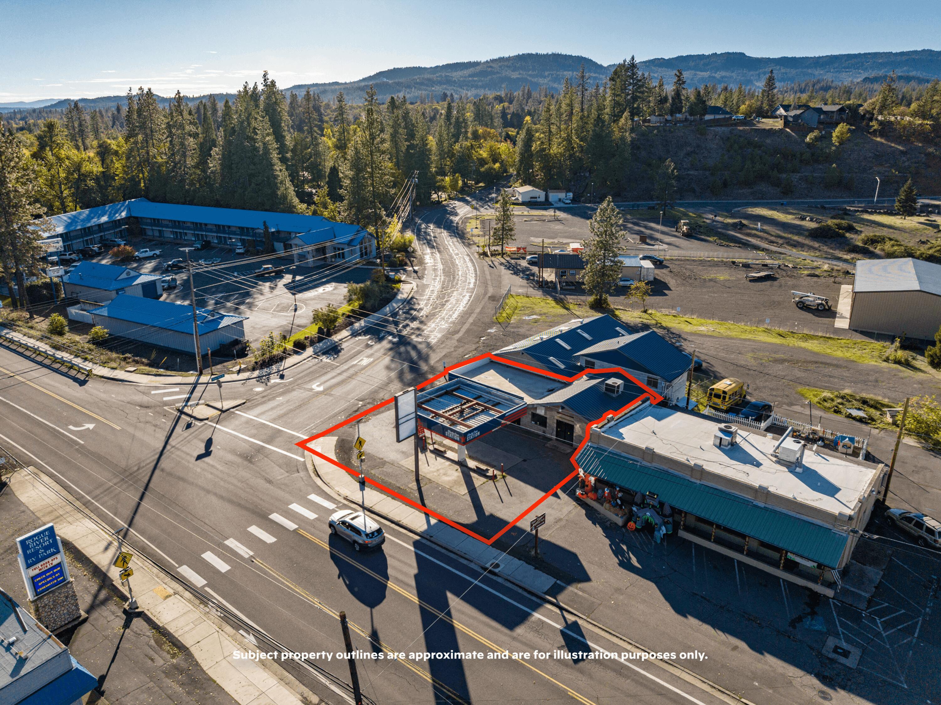 Exclusively presented for direct lease - 21823 Hwy 62, a highly-visible 'main and main' retail space immediately available in beautiful Shady Cove, Oregon (the ''Space''). Sited on a hard corner at the confluence of all major roadways in Shady Cove, the Space enjoys exceptional visibility from 12k+ VPD, oversized signage, and a well-known location at the gateway to Crater Lake. The Space is one of a small handful of right-sized, well-located retail properties in the region, and is an ideal 'blank slate' for a wide variety of users. A taphouse / beer garden user is preferred, but LL will entertain all proposals (reserves approval rights). The highly flexible space includes the former sandwich shop space, a former market w/ walk-in merchandise cooler, two kitchens, restroom, and more. Abundant space upfront in the parking lot and underneath the large existing canopy. Prospective users should note all gas equip. has been removed - not suitable for gas user. Contact brokers for more info!