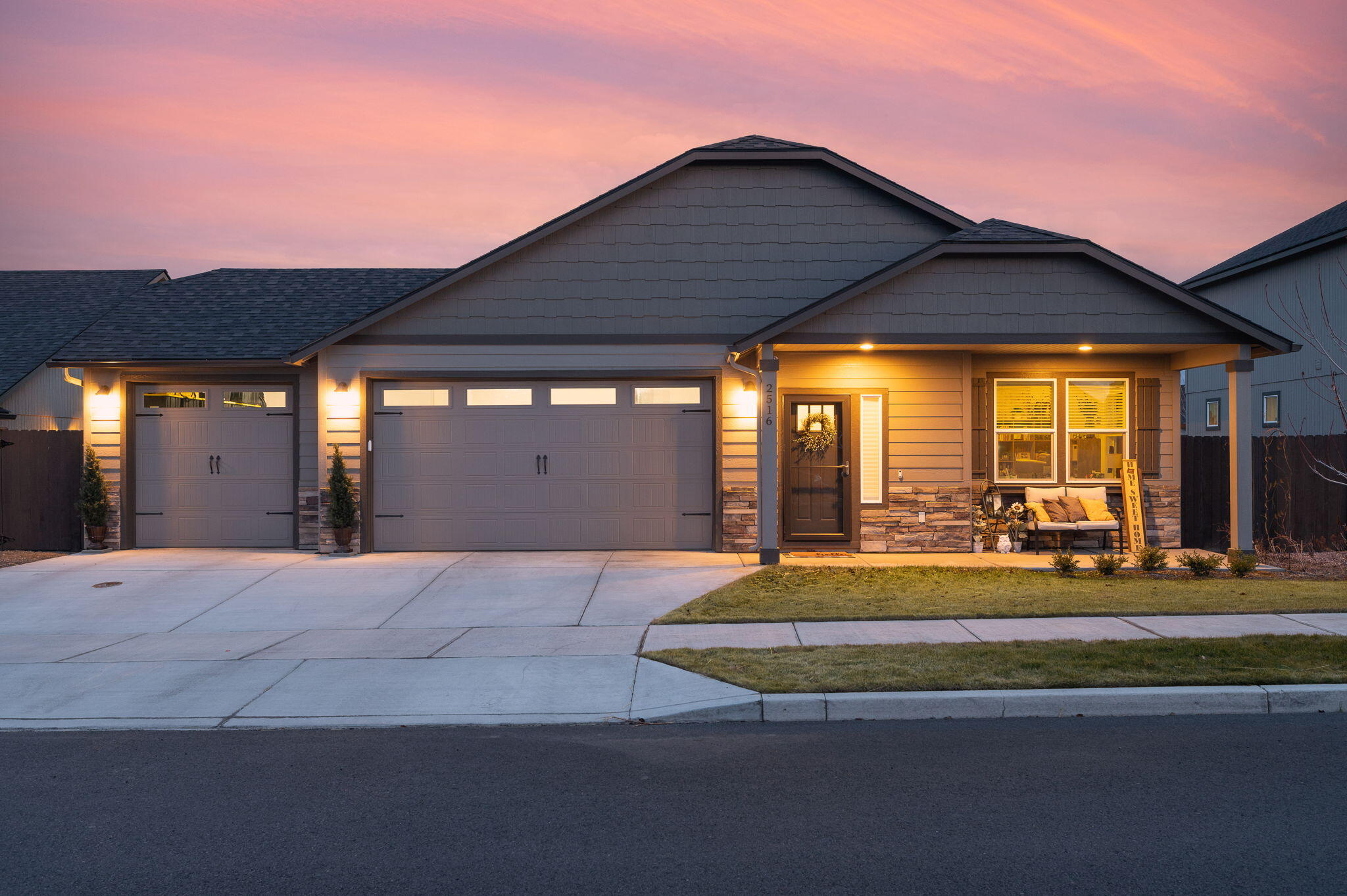 Live in the highly desirable community of Maple Meadows; a rare opportunity boasting like-new, single level living home with a 3-car garage. This beautifully landscaped homesite features natural landscaping, covered patio, and a large wrap around concrete and paver patio, all of which would not be complete without it's 8x40 gaming pit perfect for backyard games and summer bbq's. The spacious backyard also opens up to a community green belt with winding trails, allowing for space and privacy with no rear neighbors. This 1574 sq. ft. open concept floor plan boasts a grand entry with 9 ft. plated ceilings. The large kitchen, with plenty of counter and storage space, overlooks the dining and living room, great for entertaining. The large primary bedroom features a generous walk-in closet, dual vanities, and a sliding glass door that welcomes you into the beautiful garden. Turn key and move in ready! Reach out to your favorite realtor today to schedule a showing!