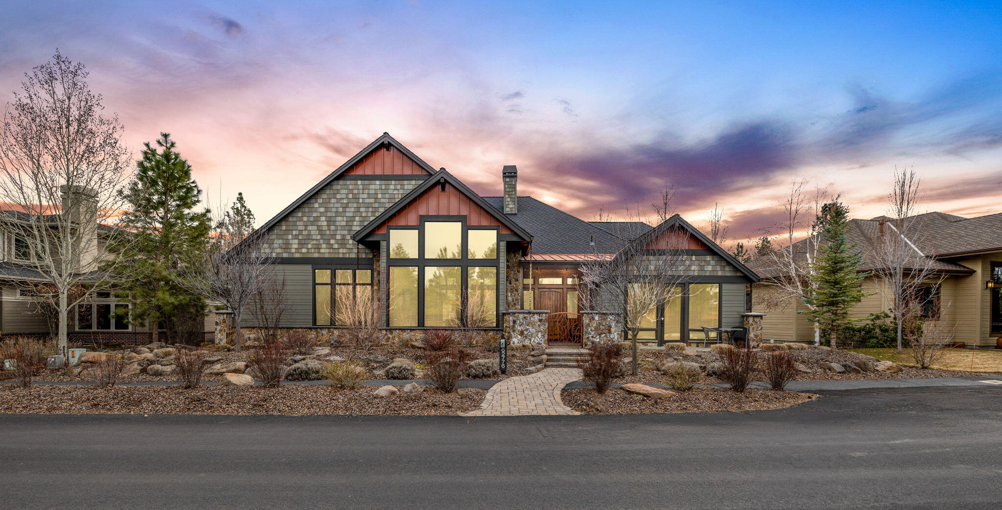 Discover unparalleled craftsmanship in this custom home by Artisan Homes & Design. Reflecting the highest levels of finishes, this bright & airy mountain home features a main level primary suite, 2 guest en'suites, office nook, formal dining & an upstairs bonus room. Lovely curb appeal and gated front courtyard lead to welcoming entryway opening to spacious great room w/ soaring post & beam ceilings, floor to ceiling fireplace & walls of windows on each side; ideal for relaxation, as well as entertaining in adj dining room w/wet bar, wine fridge & buffet. The nearby chef's kitchen provides an easy flow, exceptional appliances, 2 islands: one for food prep & one w/ dual sided bar seating. The office nook has access to large outdoor paver patio. Beautiful primary suite enjoys outdoor patio access & a luxurious bath. 2 full en-suite guest suites provide peaceful accommodations for family & guests Nestled in serene 3-Pines neighborhood, w/walking & biking trails &  ½ mile to Shevlin Park.