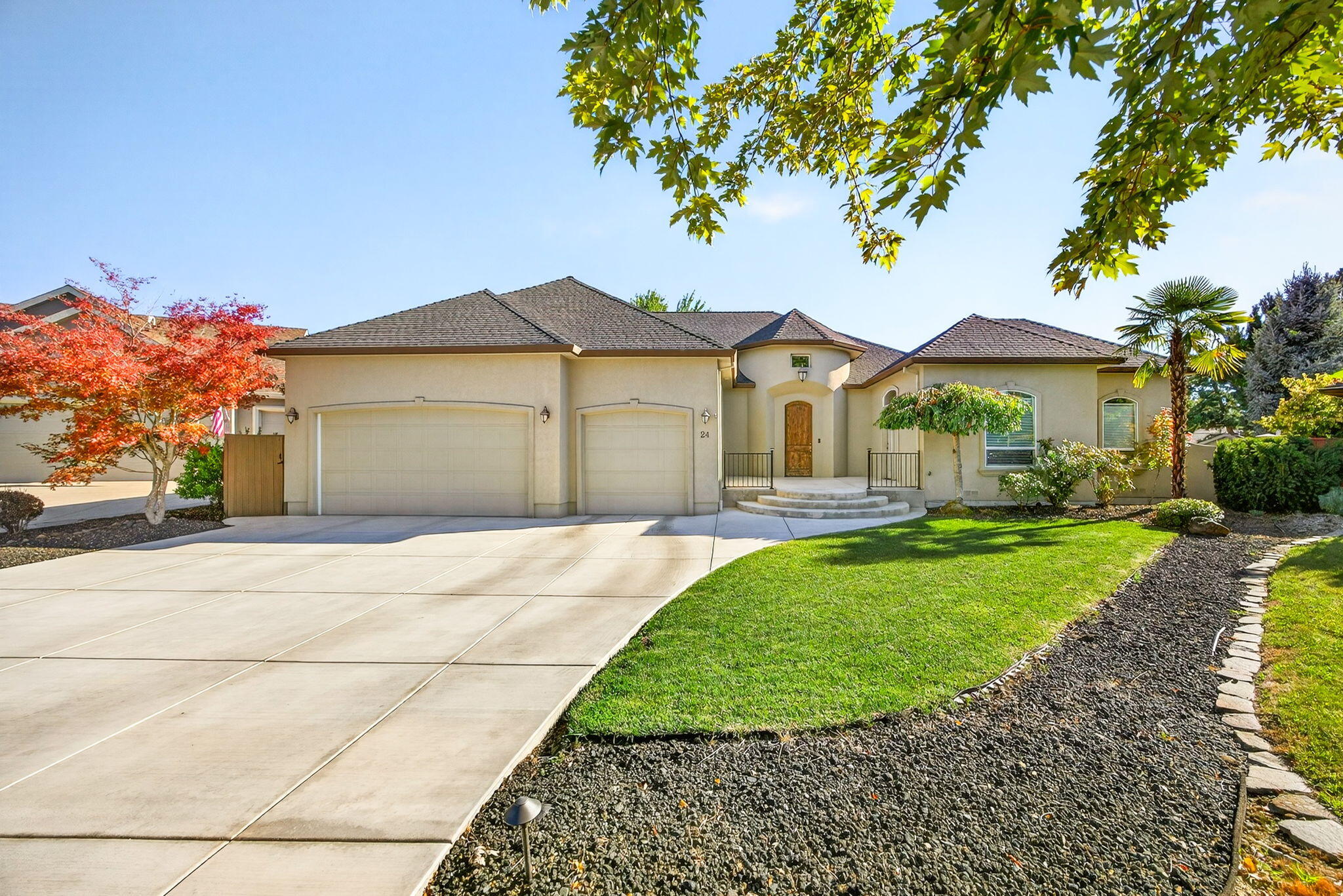 Tucked away on a quiet cul-de-sac in the Eagle Point Golf Course Community, this stunning custom home is designed for luxury living and entertaining. The grand entry leads to a spacious great room with soaring coffered ceilings, built-ins, gas fireplace, and French doors to a covered patio. The chef's kitchen features granite counters, stainless appliances, oven, w/warming drawer, gas cooktop, island with breakfast bar, and walk-in pantry. A huge formal dining room for all of your family gatherings, while the elegant primary suite boasts a fireplace, spa-like bath, and walk-in closet. With three guest bedrooms (one ensuite). There's room for all, plus a spacious office provides great flexibility. Outside, enjoy a sparkling IG pool, Pool house, hot tub, firepit, and multiple patios for year-round private gatherings. Extras include a large utility room, finished 3-car garage, and new concrete driveway—blending comfort, style, and resort-quality amenities.