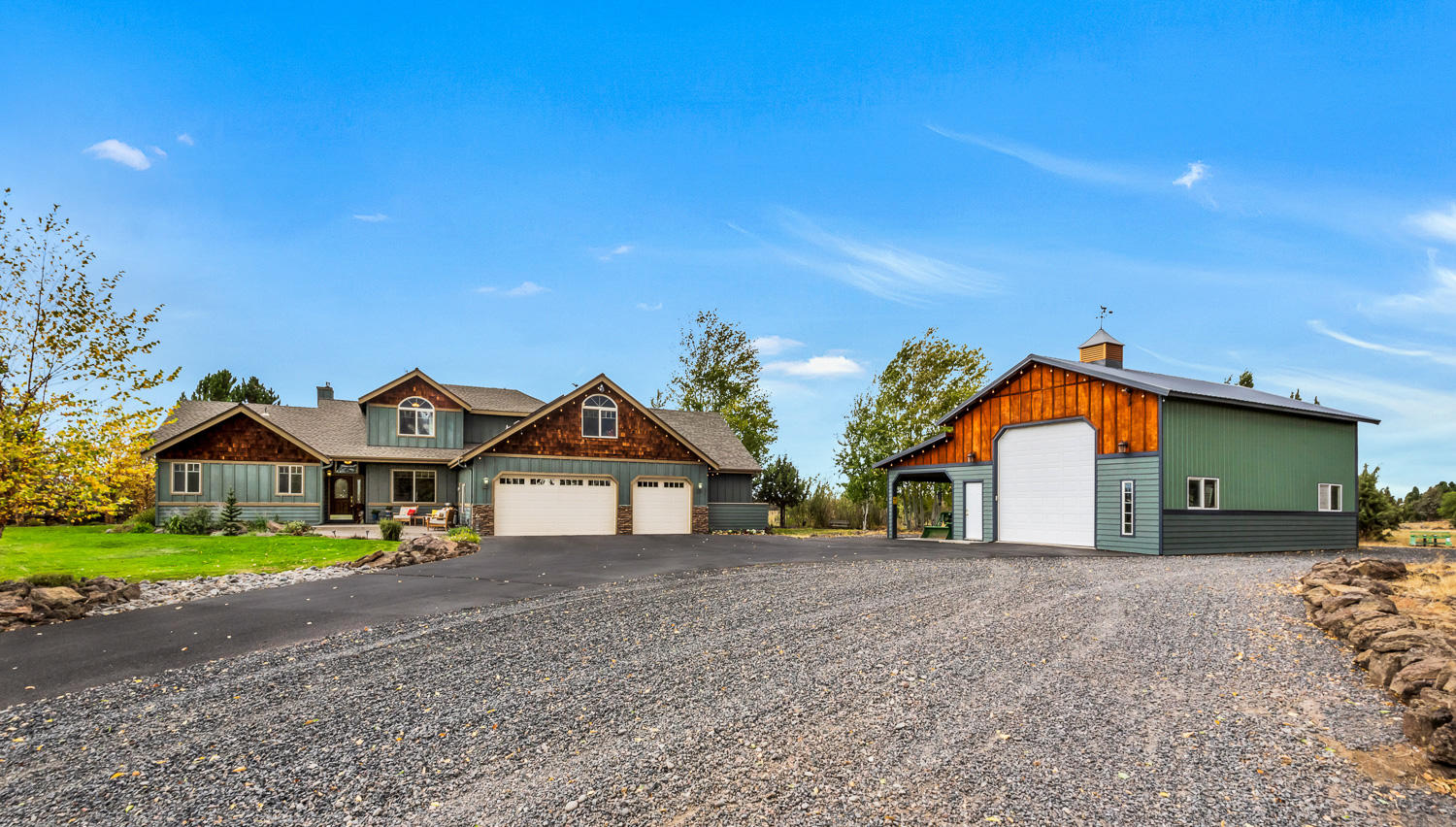 Spectacular Cascade Mountain Views on 20 acres in SW Redmond - minutes from town. 3044 sq ft home with 4 bedrooms - 1 master suite and 1 guest suite and an office/den all on the main floor. Guest suite has two rooms (approx. 600 sf ft), including master bedroom, bath, walk-in closet and a sitting area. Main living area has a light, bright great room that boasts cathedral ceilings, fireplace with propane insert, and beautiful picture windows. Kitchen counters are concrete with tile backsplash. Laundry room has ceiling to floor cabinets and washer and dryer space behind doors. Two bedrooms, bonus room, and a full bath on the upper floor. Three car garage, plus separate 1000 sq ft shop with room to store RV and a tractor. RV pad with full hookups, 14.8 acres of irrigation and 2 lined ponds will be found on the property. New pressurized irrigation system includes 5 acres with underground sprinklers in the front field and the balance has K-line sprinkler coverage.