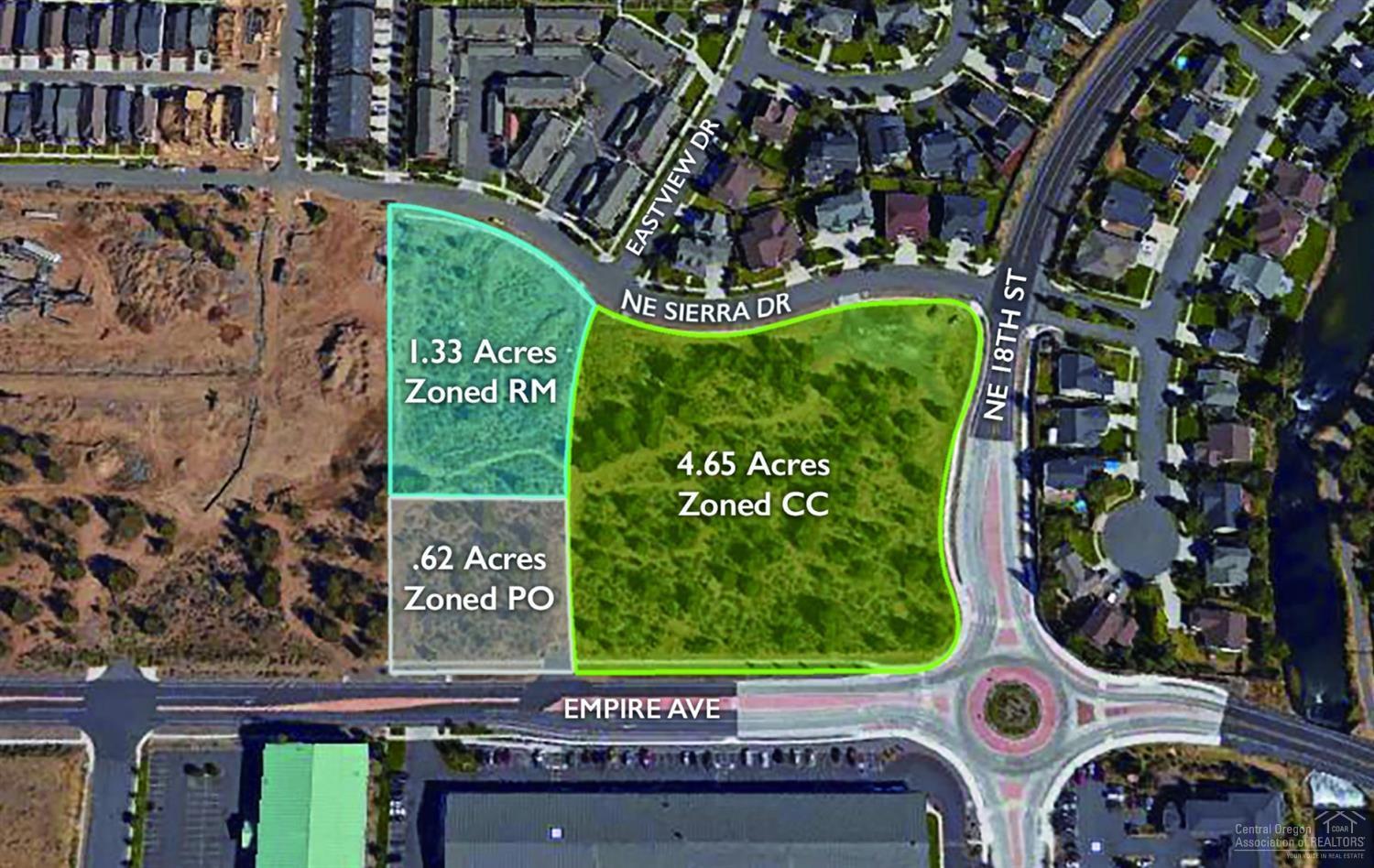 Prime mixed-use development opportunity. A+ location in NE Bend at the Empire & 18th roundabout. 6.60 total ac (~6.0 buildable) on 2 tax parcels. Flexible zoning (CC, RM, & PO) perfectly suits location & urgent demand here for multi- family & service-oriented retail (as well as multi other commercial uses). High-capacity water/ sewer & all utilities are adjacent to this flat site. Neighborhood is experiencing explosive growth. Excellent visibility and access from all sides.