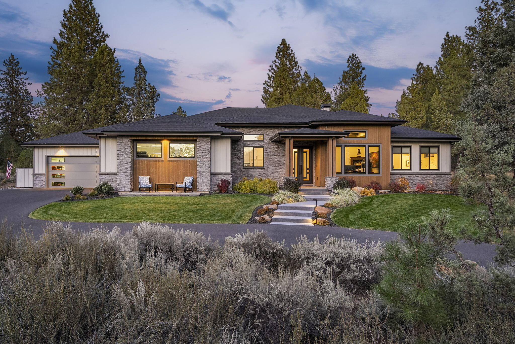 Built in 2022 and perfectly positioned on the 9th hole of the Aspen Lakes Golf Course, this single-level modern craftsman blends luxury, comfort, and efficiency. Featuring 4 bedrooms (each with its own en suite), 4.5 baths, an office, and 3,100 sq ft on a 1.01-acre lot within a gated Fire Wise community. Highlights include soaring 9-12 ft ceilings, 8 ft doors, quartz countertops, 6'' rift and quartered oak floors, maple cabinetry, and warm Douglas Fir accents. The primary suite offers a spa-like steam shower and refined finishes. Enjoy a covered back patio with a hot tub and golf course views, dual double garages with shop space (1,470 sq ft), and energy-efficient systems throughout. A rare blend of craftsmanship and serenity in one of Central Oregon's premier communities.
