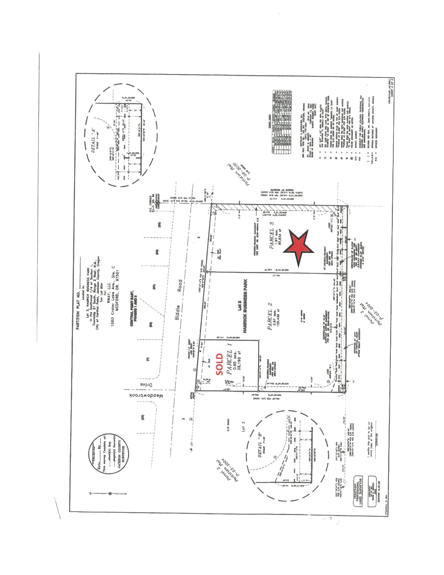 Prime Commercial site in E. Central Point near  Costco development. Owner will sell, land lease or build to suit for qualified tenants. Partially Broker owned. Biddle frontage lot at corner of new private street developed for car wash/lube development to the East.